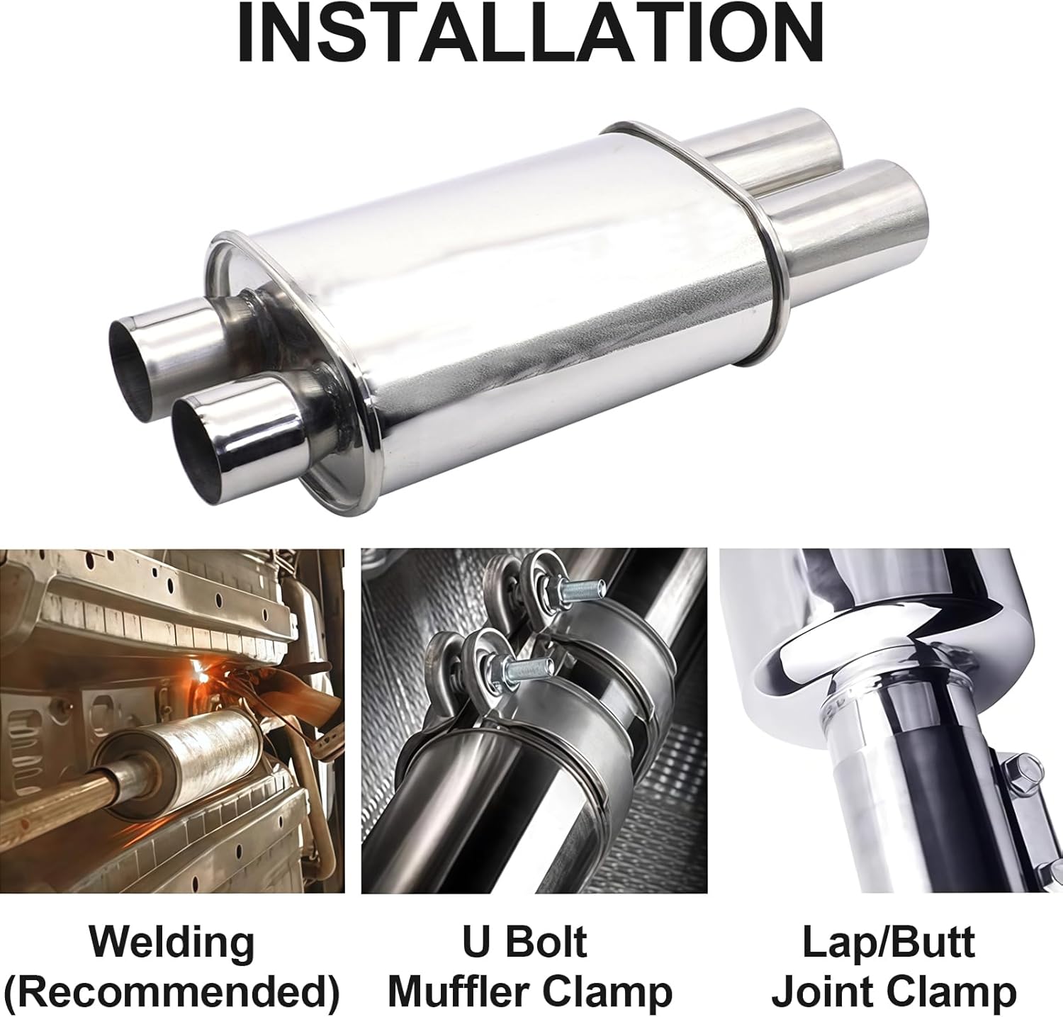 Vechkom Exhaust Muffler 2.5" (63MM) Dual Inlet / 3" (73MM) Dual Outlet Silver Stainless Steel Car Silencer 11.8 Inch (300MM) Oval Body Length / 20.9 Inch (530MM) Overall Length