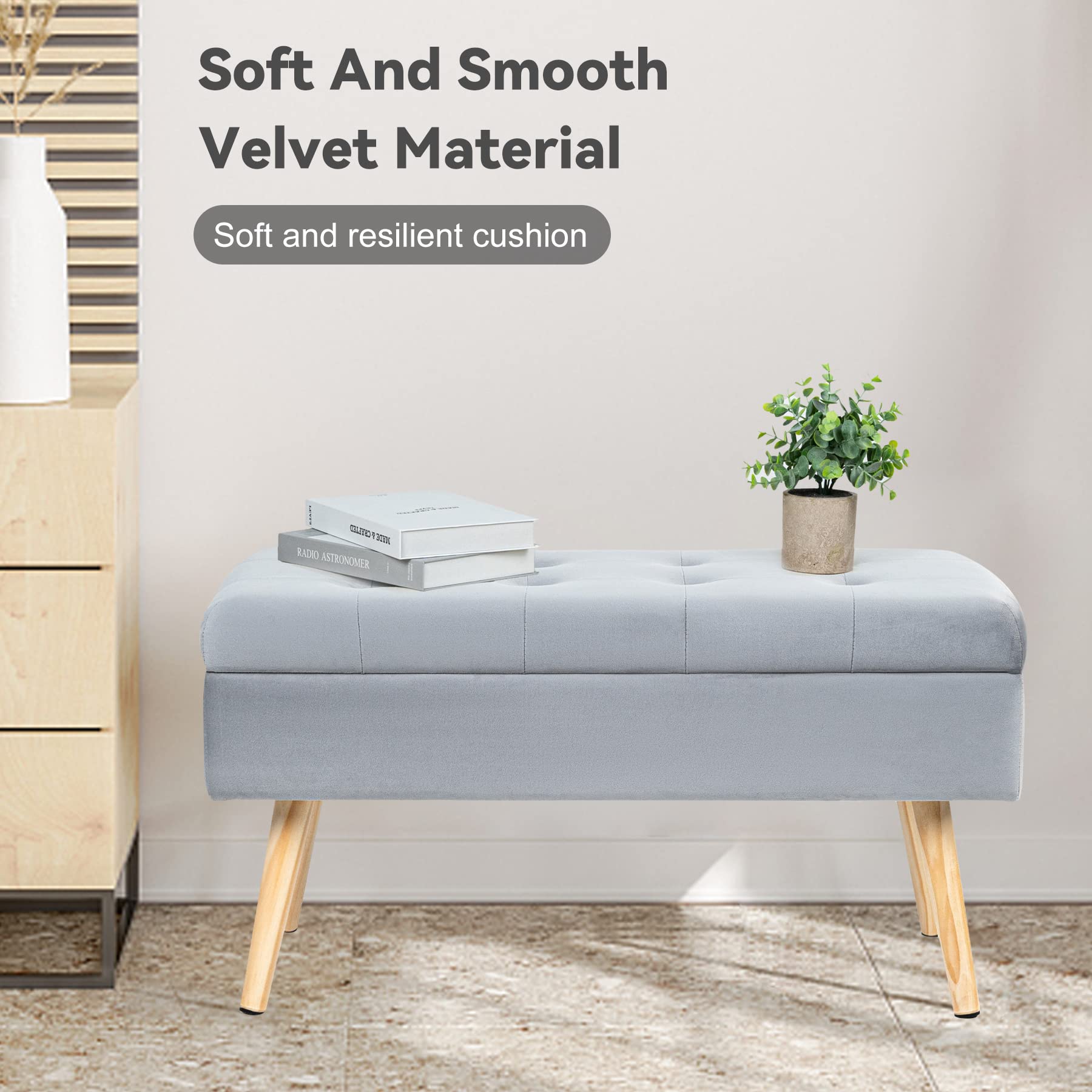 Hawthyhome Banc avec Espace de Rangement 80 × 35 × 43 cm, Coffre de Rangement en Velours avec Pieds en Bois, pour Couloir, Salon, Chambre à Coucher, Gris
