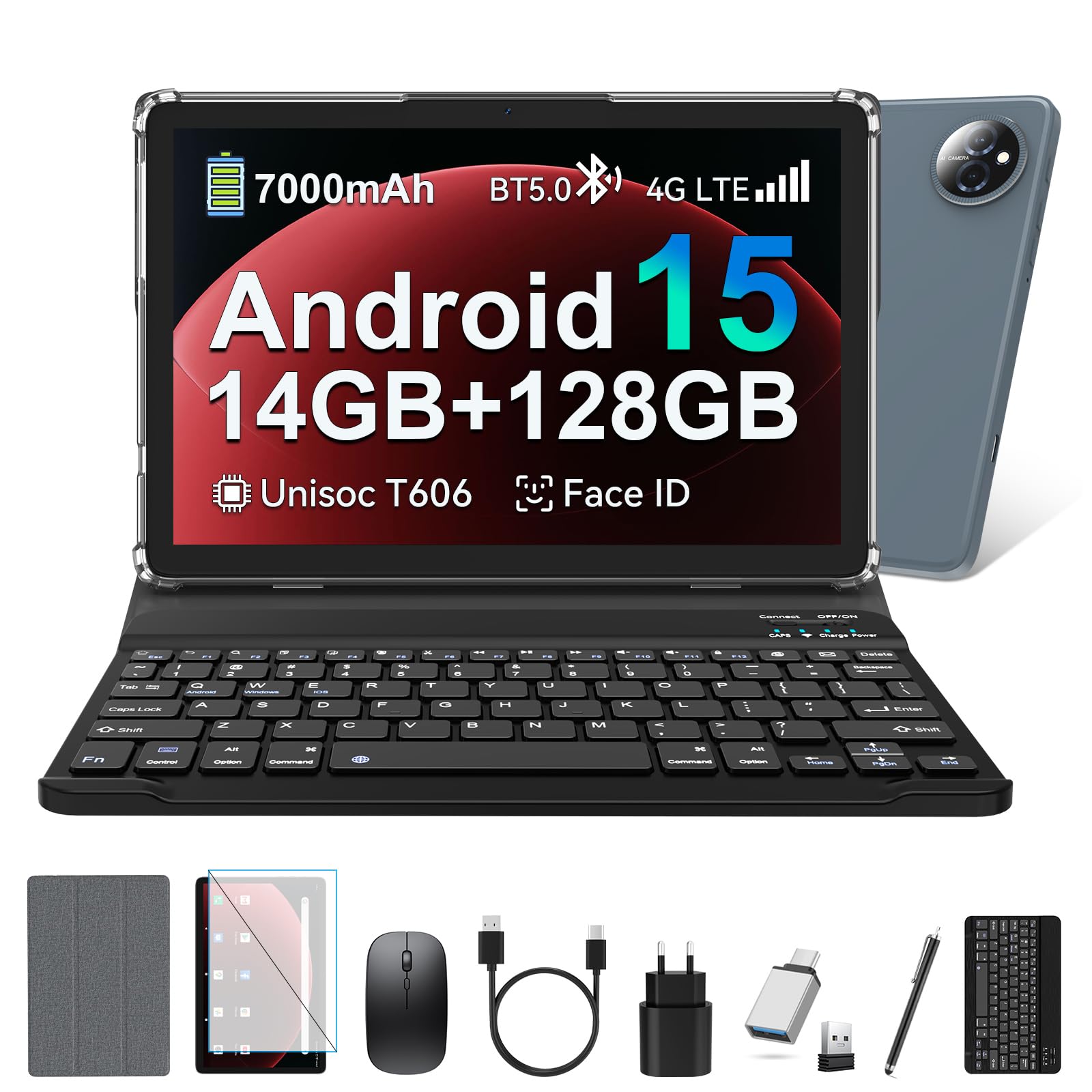ANTEMPER Tablet, Android 15 Tablet PC mit SIM-Karte Slot 4G LTE Anrufe, 14GB RAM+128GB ROM (1TB TF), Octa-Core, Tablets 10 Zoll Gemini AI, 13MP+8MP, 7000mAh, GPS, Face ID, 2-in-1 Tablet, Grau 2026