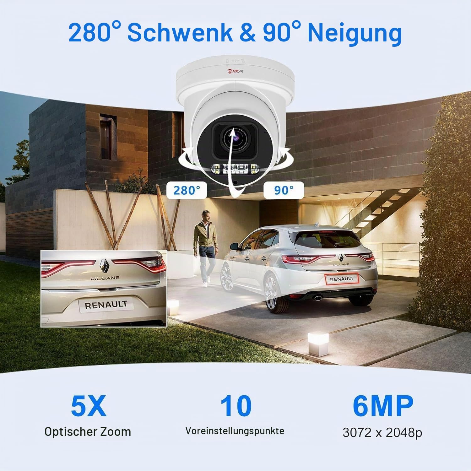 Anpviz 6MP PoE PTZ IP Kamera Outdoor, 5X Optischer Zoom, H 280° V 90° | Personen/Autoerkennung, Akustischem Alarm, Smart Farbige Nachtsicht, SD Kartensteckplatz, Kein Netzteil