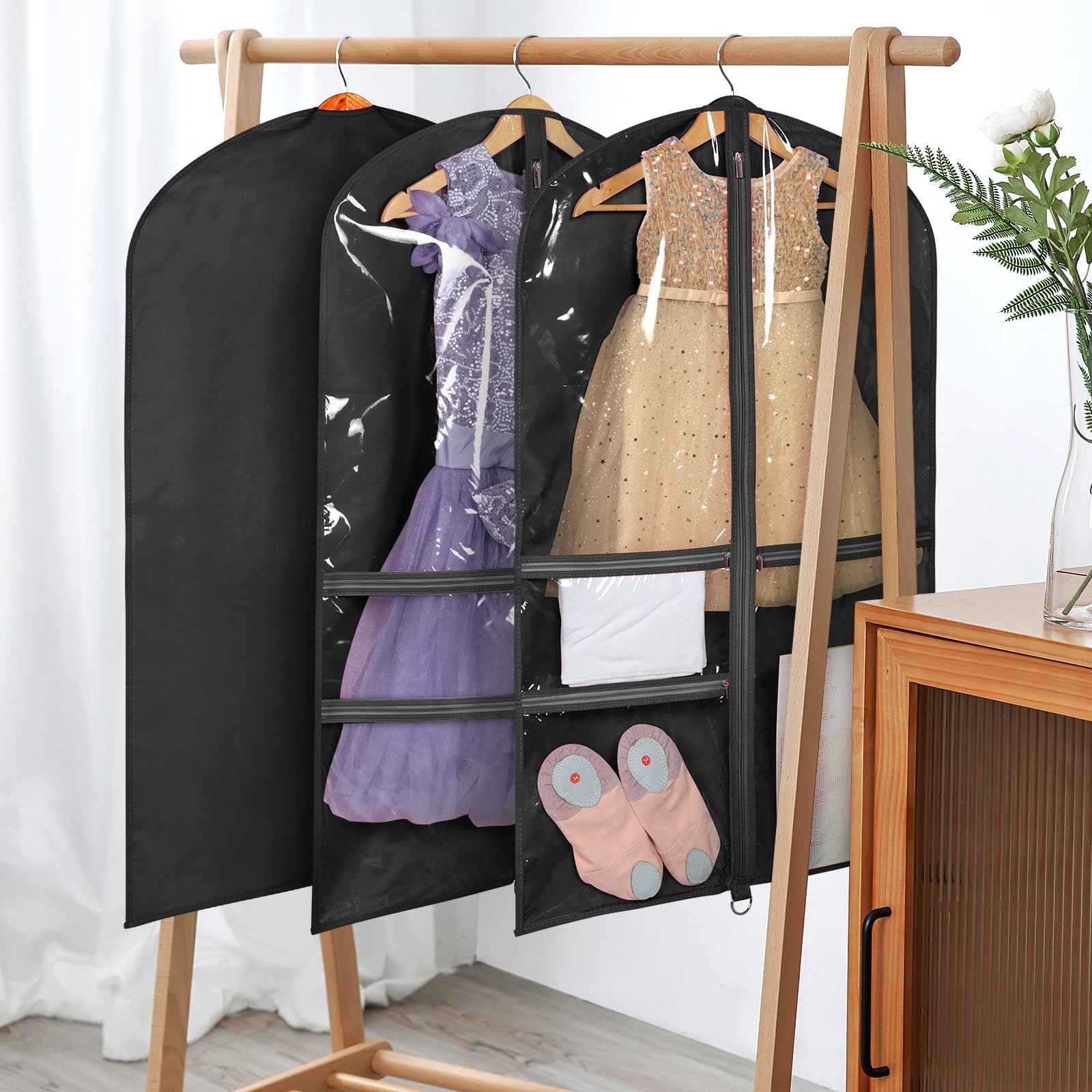 Univivi Bolsas para disfraces de danza, bolsa de ropa de 40 pulgadas para colgar ropa para competiciones de baile, con 3 bolsillos medianos transparentes con cremallera para disfraces de baile