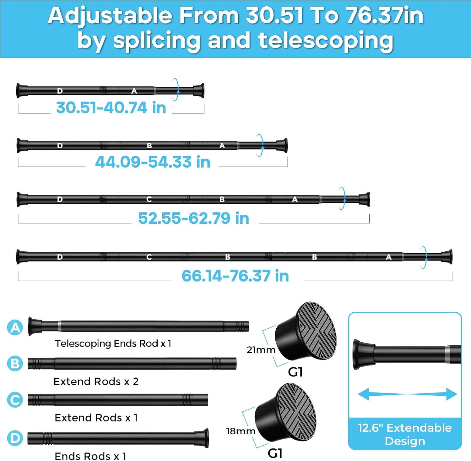 Curtain Rod No Drill 32-75 Inch Adjustable, 7/8" Diameter, Black