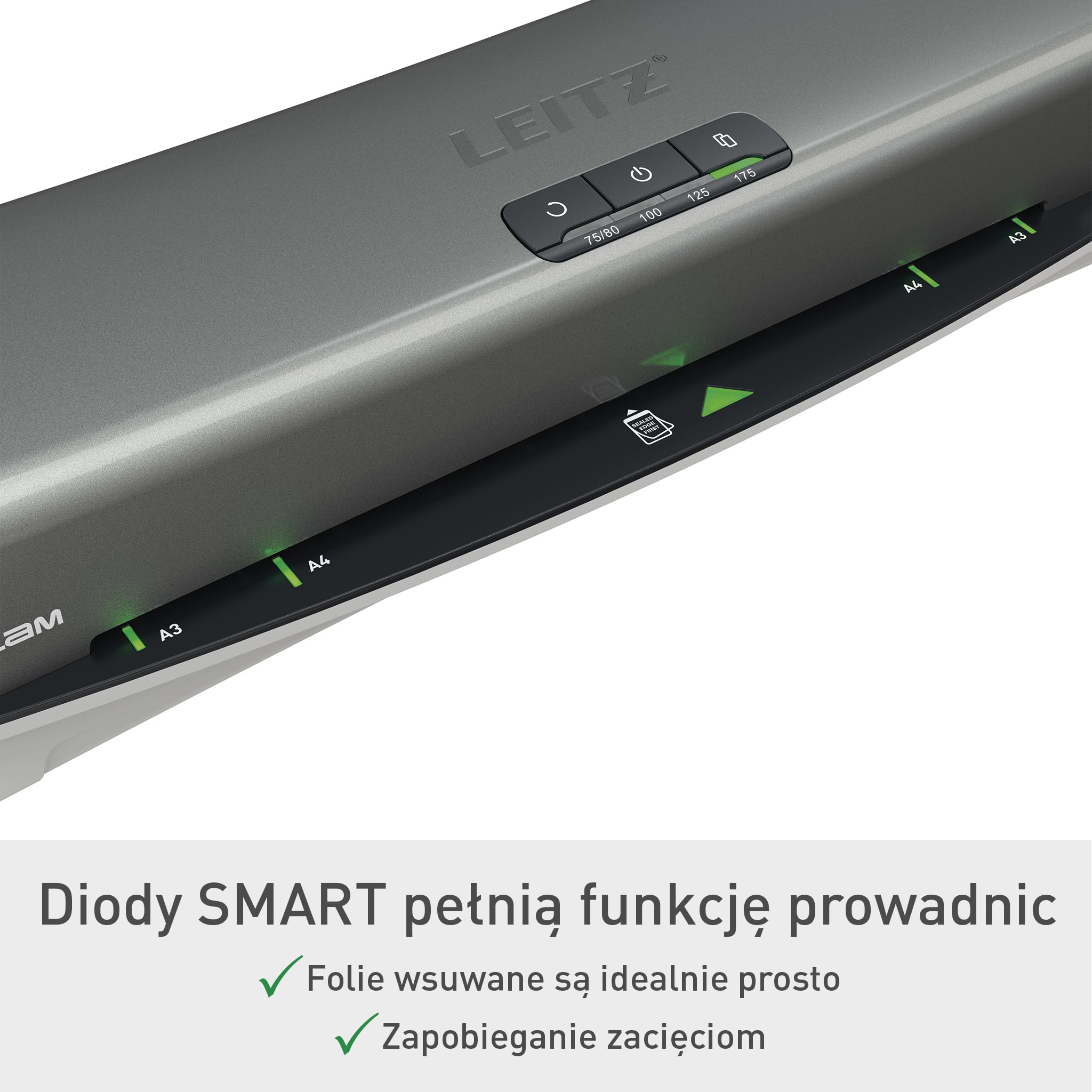 Leitz iLAM Office Pro A3 Laminator, nagrzewanie 1 min, 75–125 mikronów, LED, prowadzenie wlotu, antyzacięcie, auto‑off, 5× A4 w zestawie, szary/biały (75180084)