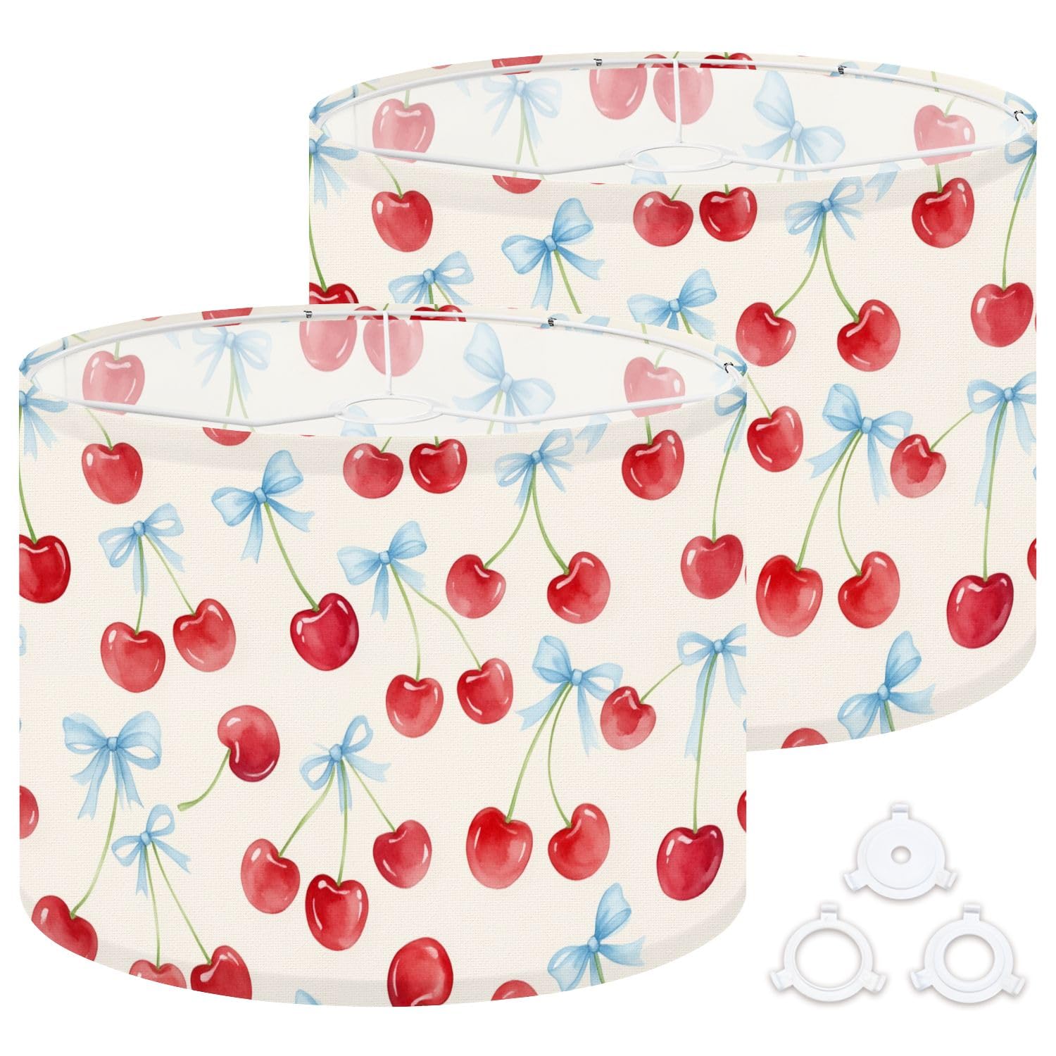 Fabric Round Drum Lamp Shade Cherries Blue Bows Watercolor Vintage Medium Linen Decorative Assembly Replacement Lampshades 13inch Set of 2 for Table Lamps, Floor Lamps,Ceiling Lamp