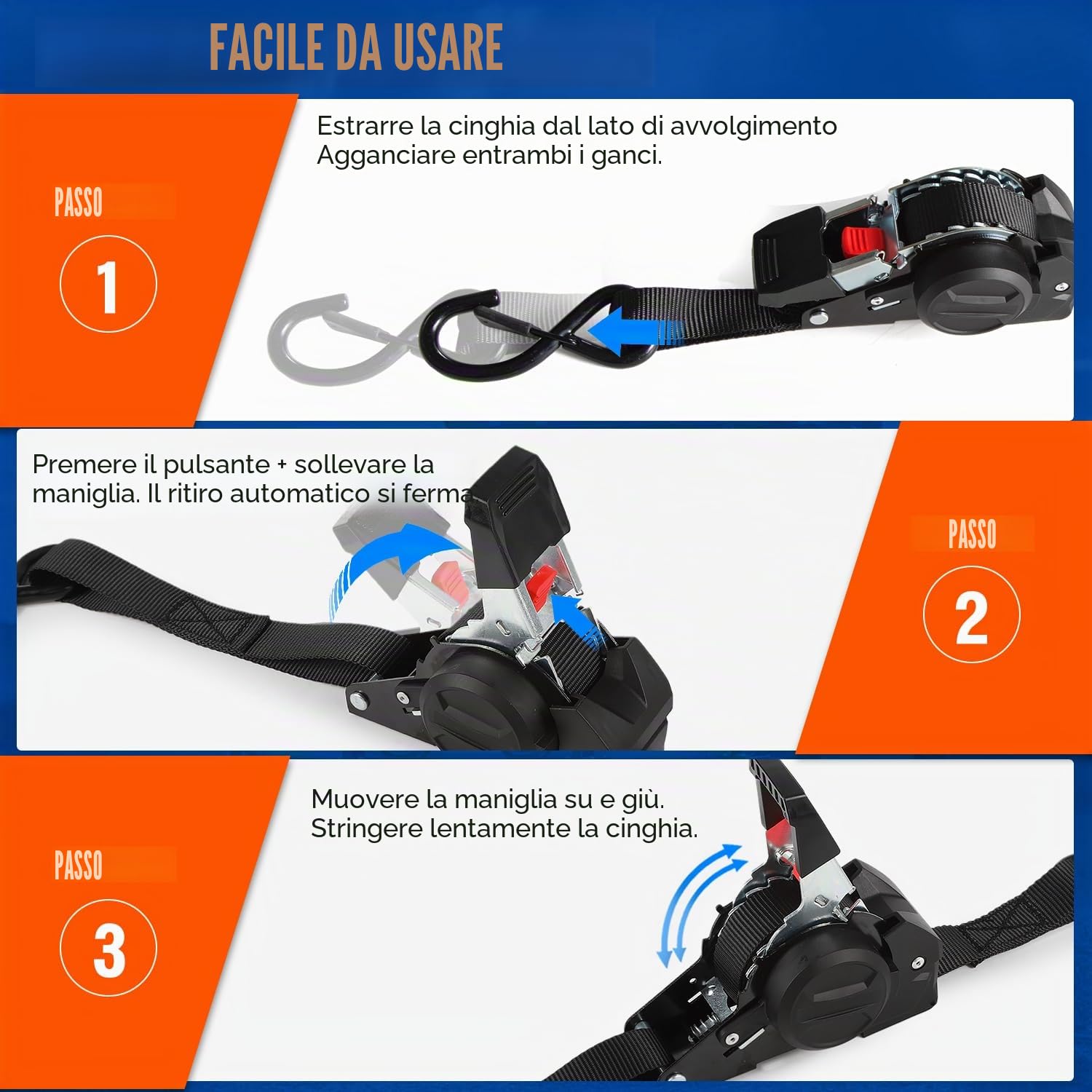 Cinghie a Cricchetto Autoavvolgenti 3m x 25mm | Set di 4 Pezzi con ganci a S, 750kg carico di rottura | Cinghie di fissaggion per moto, rimorchio, camion - Nero