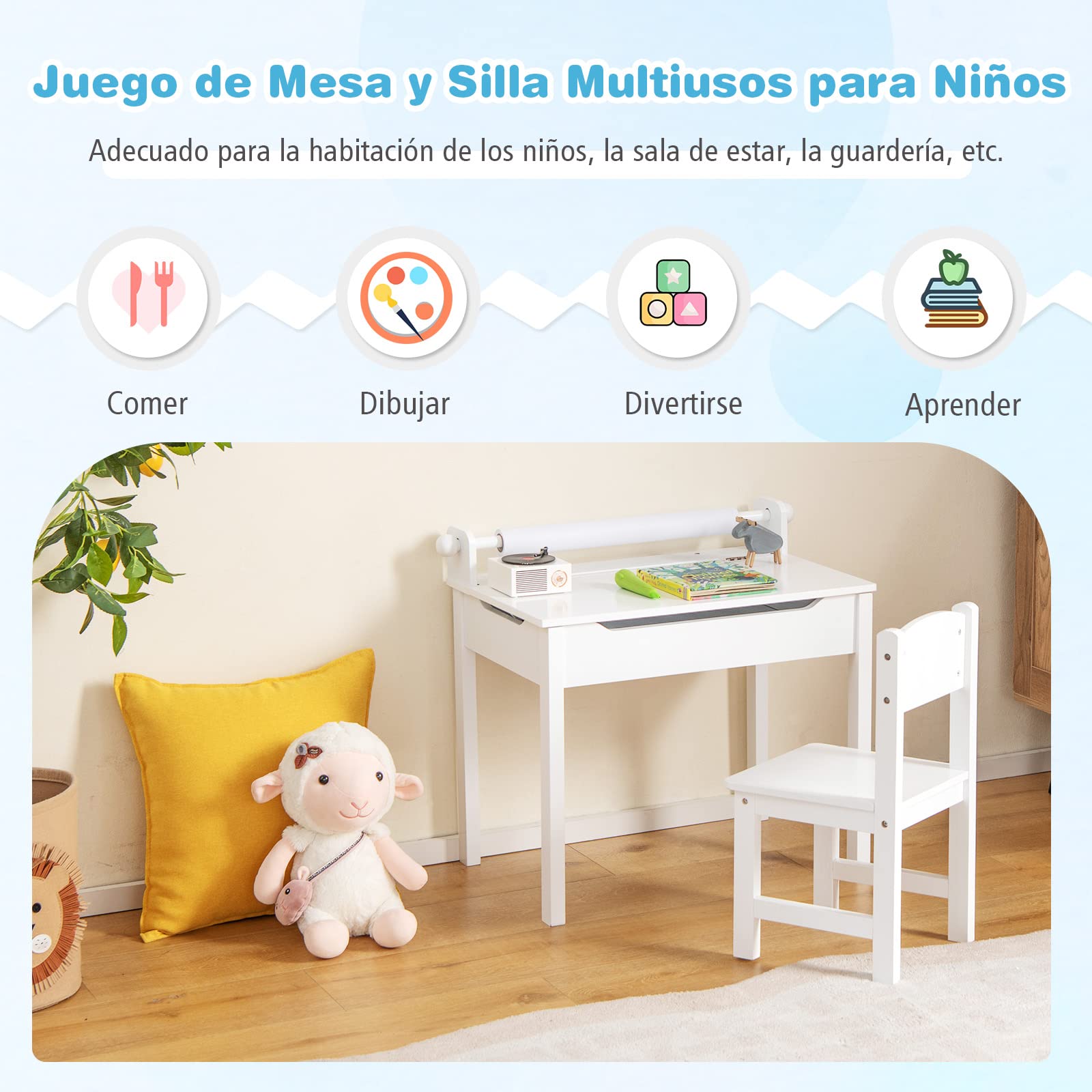 COSTWAY Juego de Mesa y Silla Infantil de Madera, Mesa de Actividades para Niños con Silla, Escritorio Infantil con Soporte para Rollo de Papel para Dibujar, Estudiar y Jugar (Blanco)
