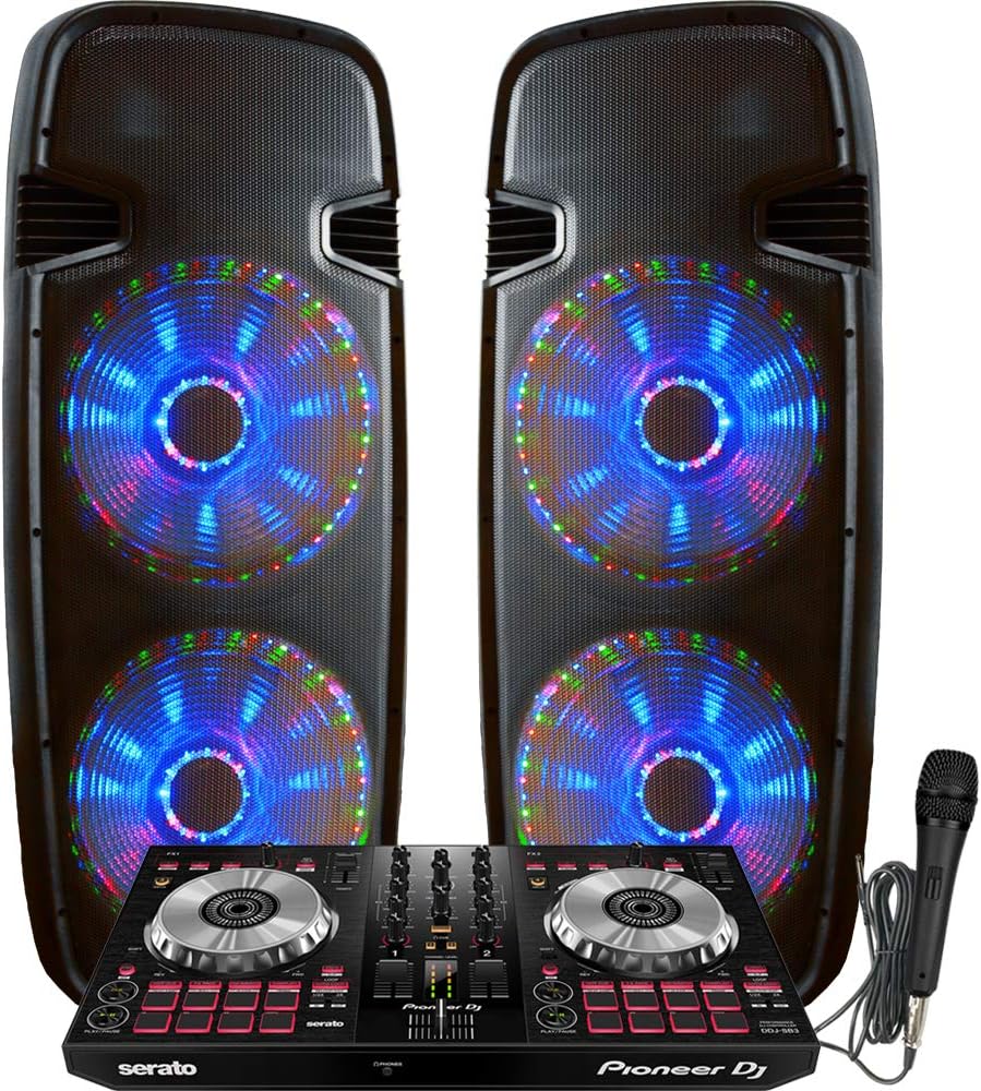 Light up the house! - DJ System - Pioneer DDJ-SB3 - Serato DJ Software - Lighted Powered Dual 15" DJ Speakers - 4000 Watts
