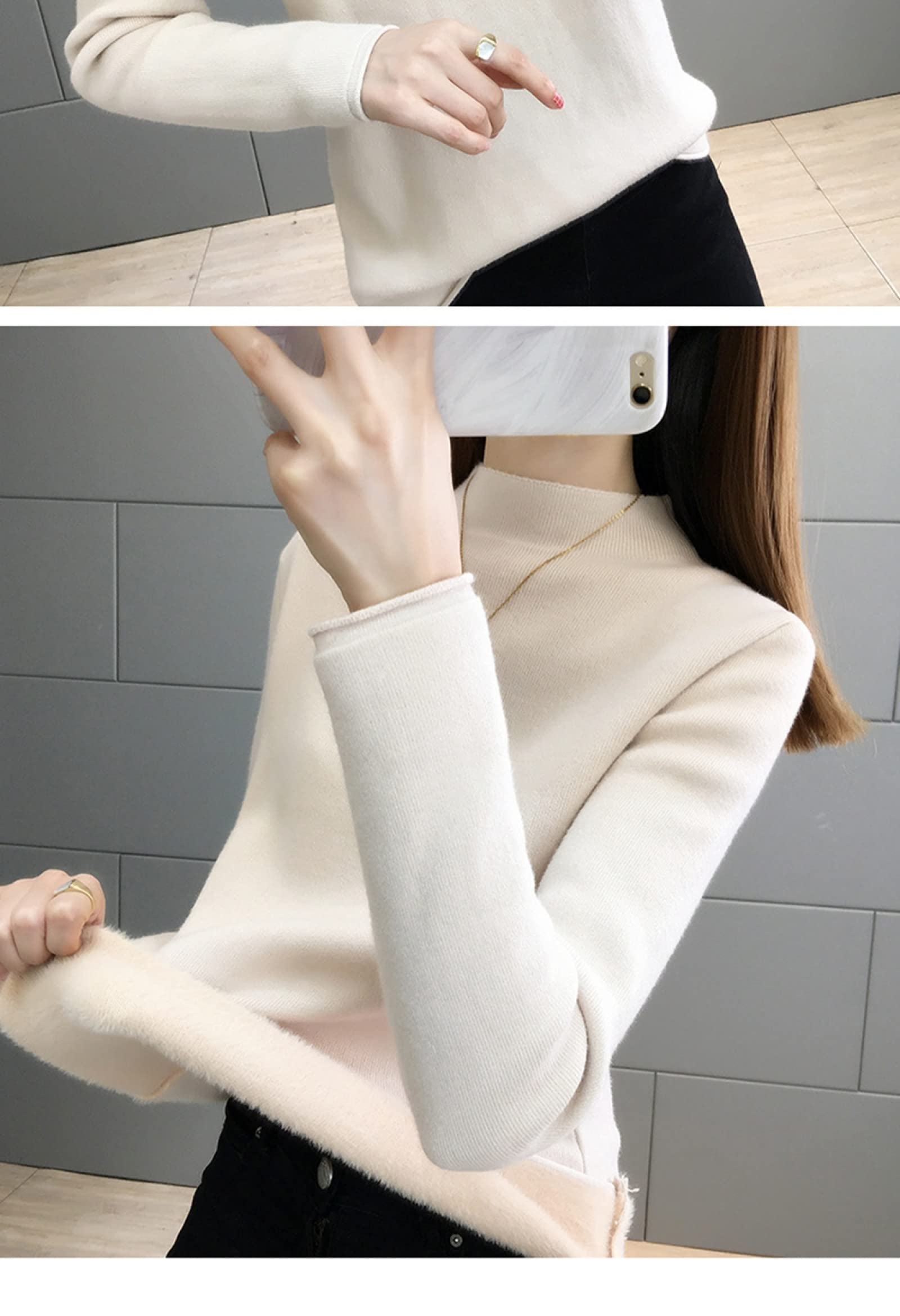 Suéter De Invierno Para Mujer - Mujeres De Invierno Medio Cuello Alto Más Suéter Grueso De Terciopelo Moda Albaricoque Suéter De Punto Cálido Estiramiento Suave Slim Fit Casual Manga Larga Reg