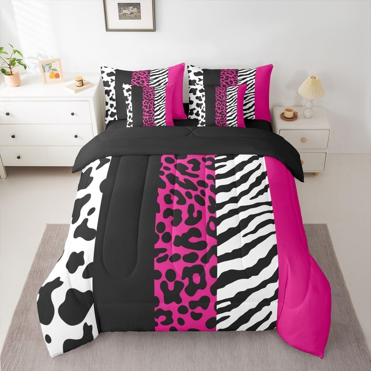 Couette 90x190 Enfant Imprimé Animalier Couette sans Housse Lavable Rose et Noir 1 Personne Imprimée Édredon Chaude, Décoration - Edredon Microfibre Douce, 2 Taies d'oreiller 65x65 YUc830