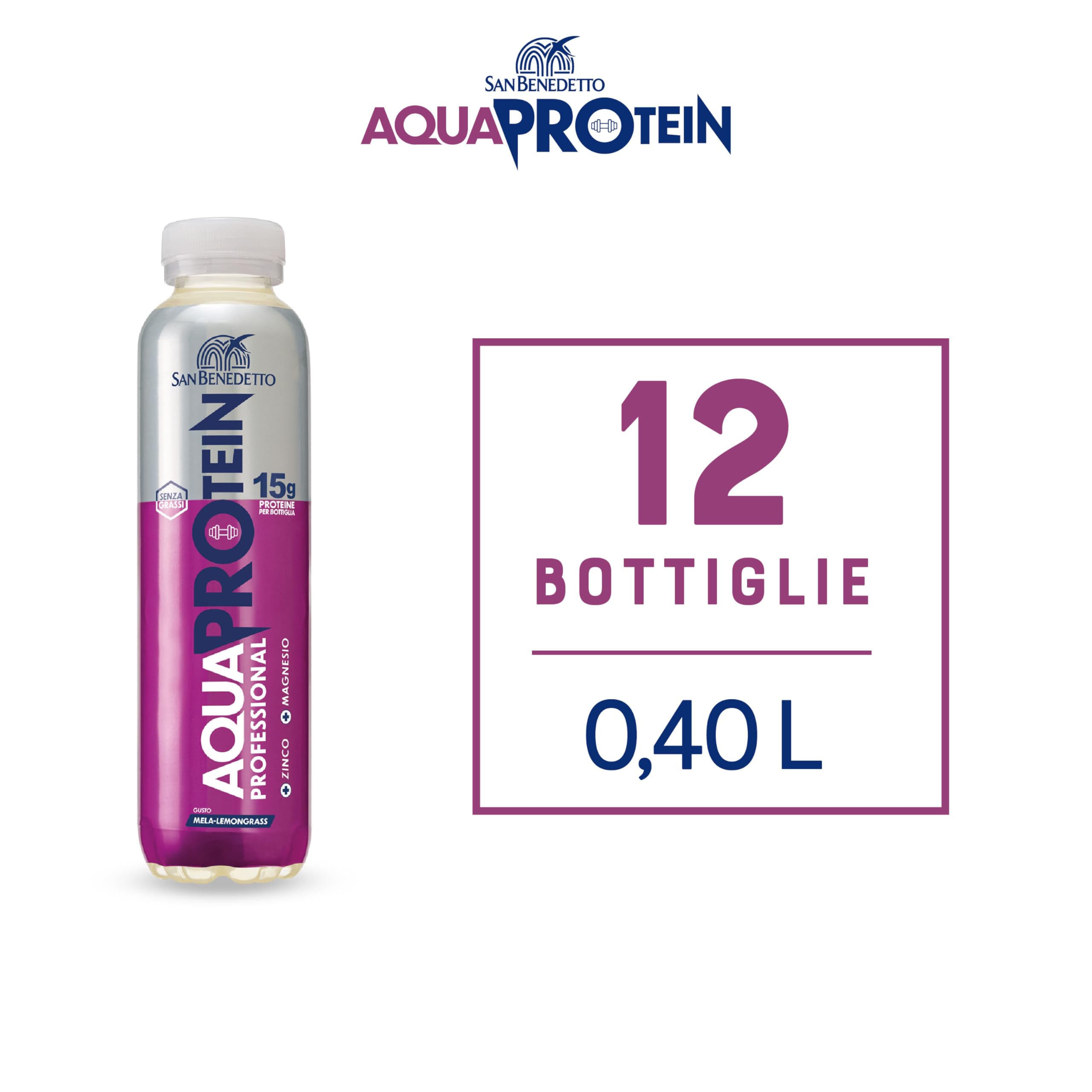 San Benedetto Aquaprotein, Bevanda con alto contenuto di proteine in Acqua Minerale, più Zinco e Magnesio, Proteine Ready to Drink, 12x400ml