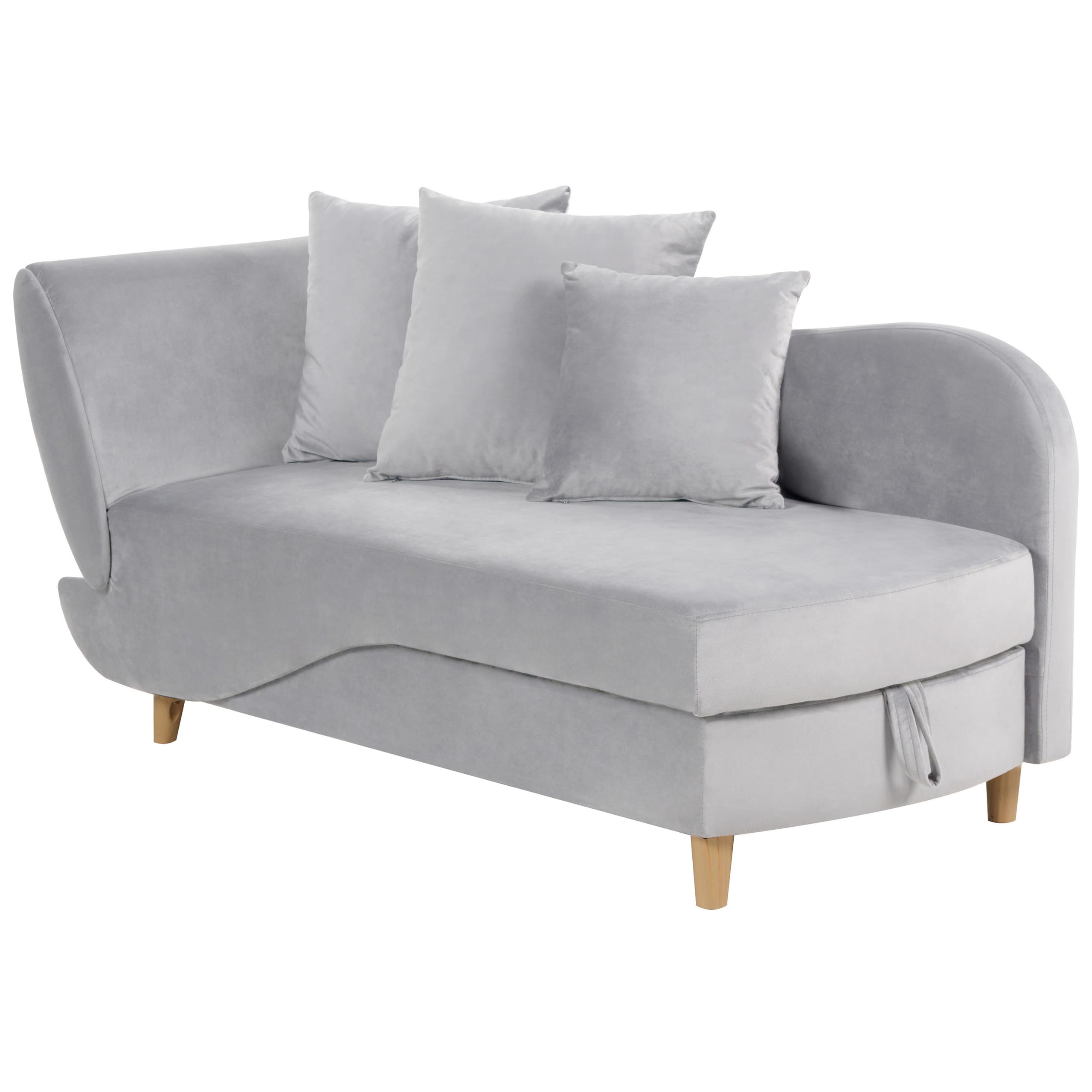 Chaiselongue Samtstoff grau linksseitig mit Stauraum Kissen modern Meri II