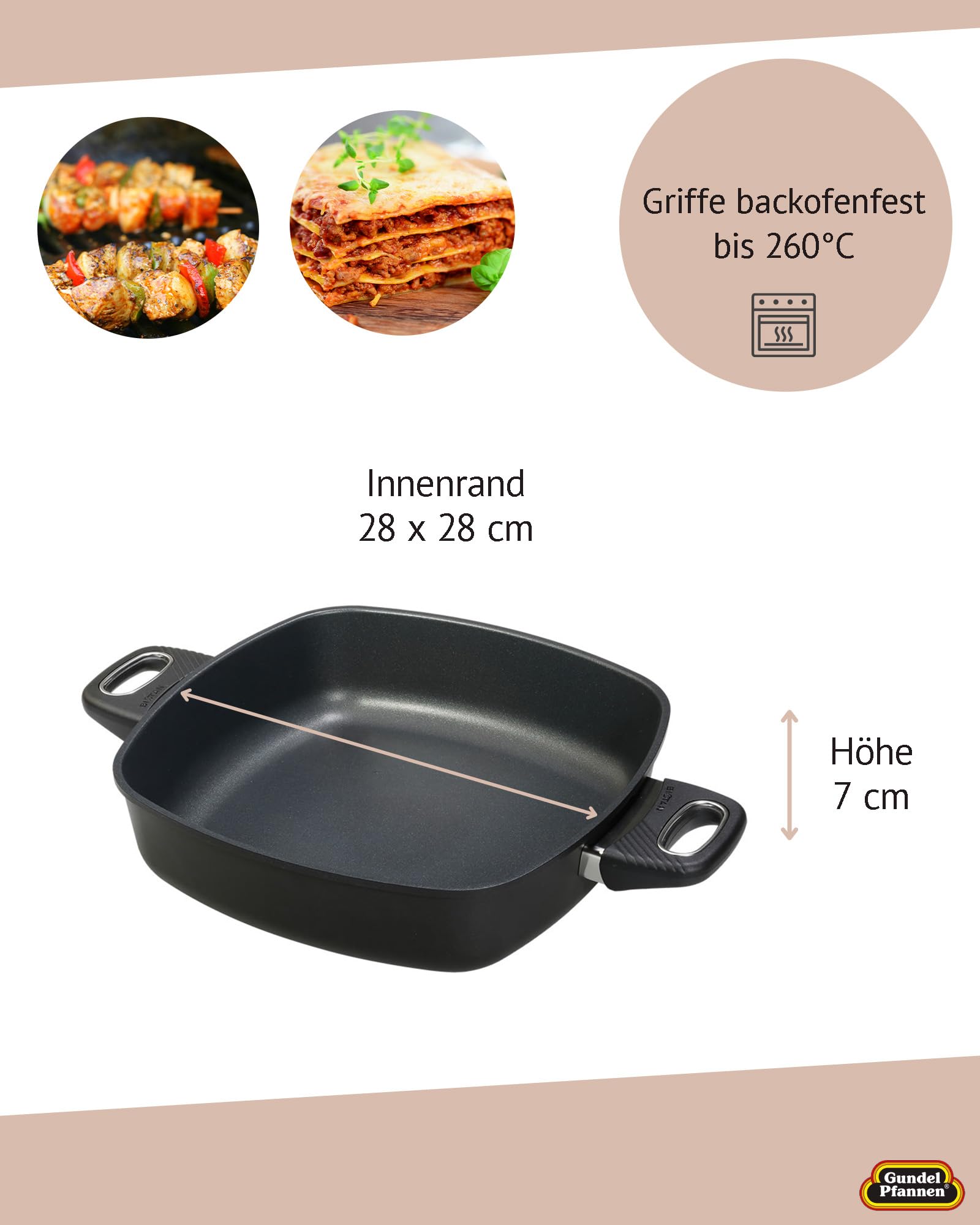 Original Gundel GUSS-QUADRAT-KASSEROLLE, 28 x 28 cm, Höhe 7 cm, Viereckpfanne mit backofenfesten Griffen