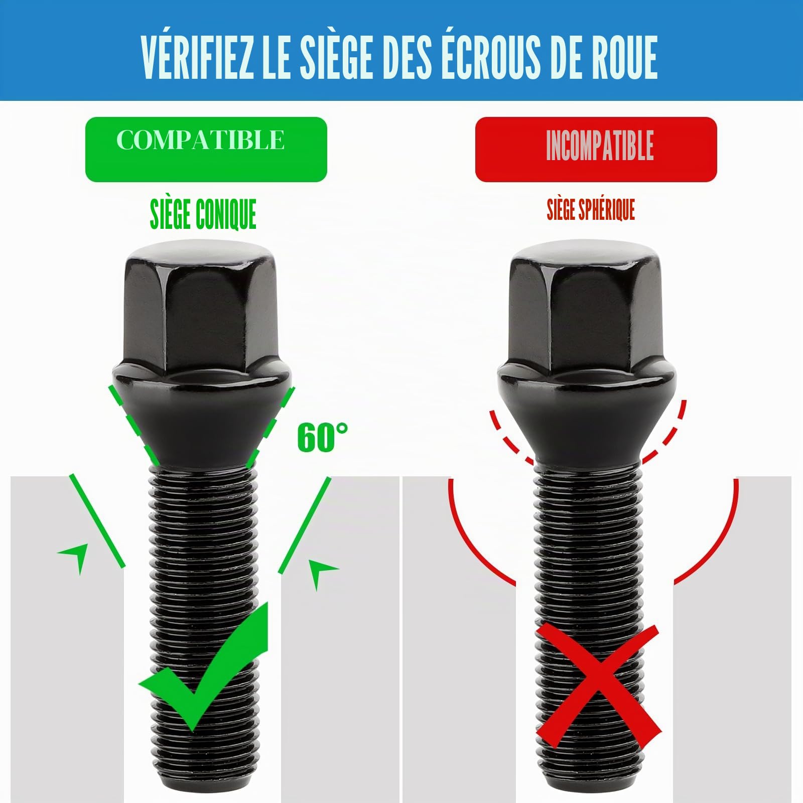 20 Boulons de Roue Filetage 45 mm Pour Élargisseurs de Voie I M14x1,5x45mm I Siège Conique CLÉ 17 mm I Compatibles avec Jantes Aftermarket pour Audi et VW