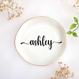 Joycuff Ashley Personalized Ceramic Trinket Tray - Mother's Day Birthday Gift for Women, Jewelry Dish for Rings Earrings Keys