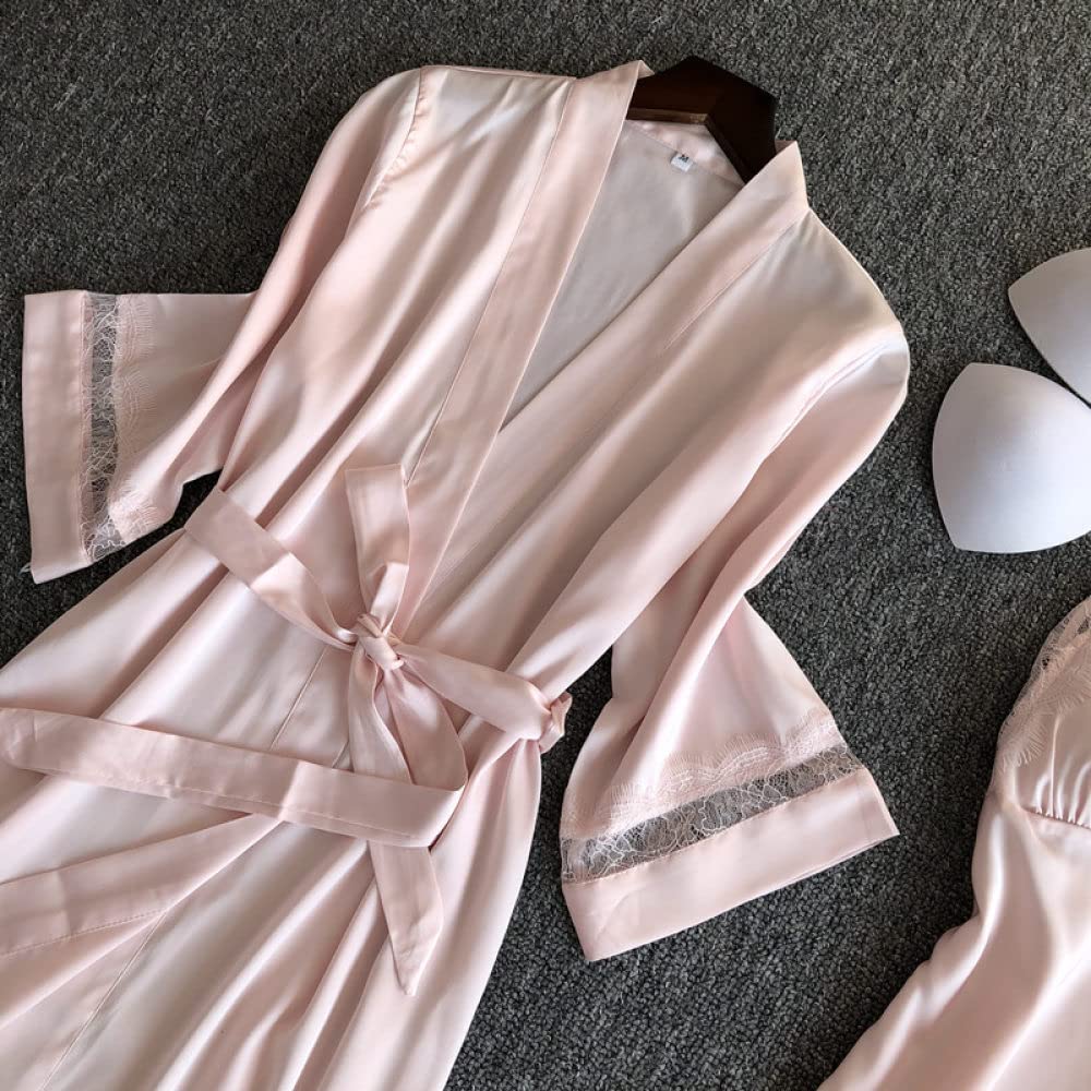 Accappatoio Donna,2 Pezzi Set Accappatoio In Raso Camicia Da Notte Sexy Pizzo Scollo A V Pigiama Fionda Kimono Vestaglia Con Cintura Abito Leggero Camicia Da Notte Vestaglia Sposa Bademantel Damen,R