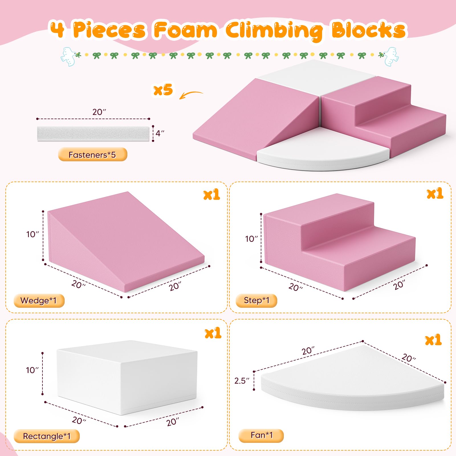 Lot de 4 blocs de construction en mousse pour enfants, grands blocs de construction souples pour grimper, ramper et jouer, escalader bébé à l'intérieur, antidérapants et stables (rose et blanc