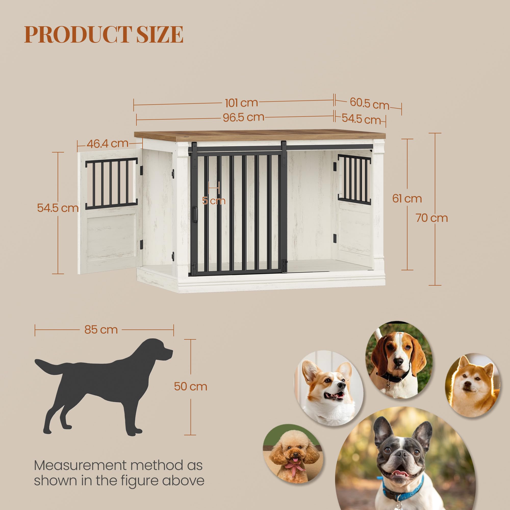 HEXCELEN 101cm Hundekäfig-Möbel, Hundebox Holz, Hundebox für Zuhause mit 3 Türen, Schiebetüren, für Kleine, Mittlere, Große Hunde, Robuster, Beistelltisch, 101 x 60,5 x 70 cm, Weiß Braun