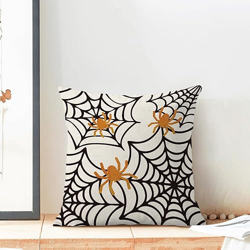 Miniatura 3 de Juego de 2 fundas de almohada de tela de araña de 20 x 20 pulgadas, fundas decorativas de Halloween para almohada de granja para exteriores,