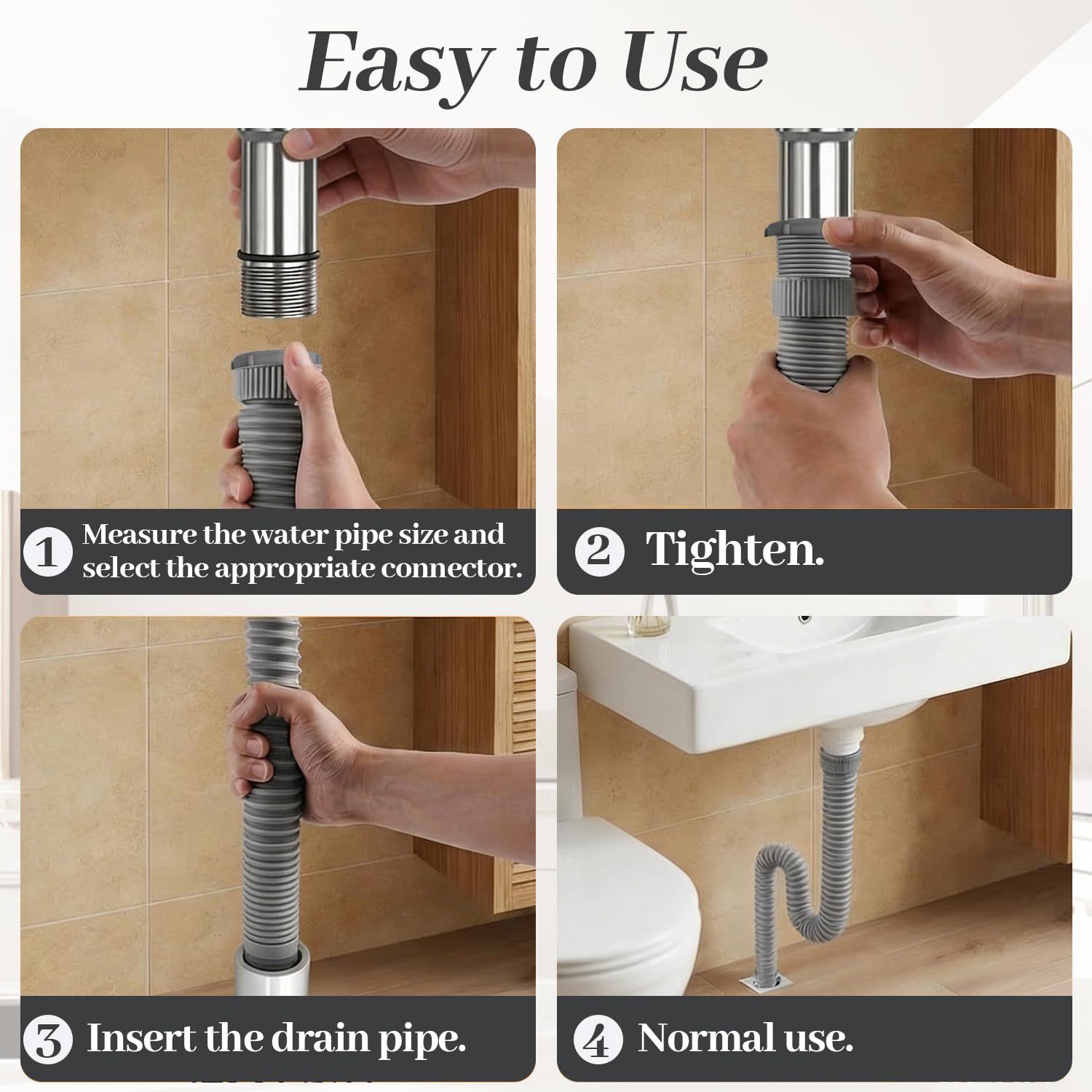 Tubo de desagüe flexible 45 mm, tubo extensible para fregadero, manguera con refuerzo de acero, adaptador 40 mm, kit duradero para cocina y baño (Gris) — view 6