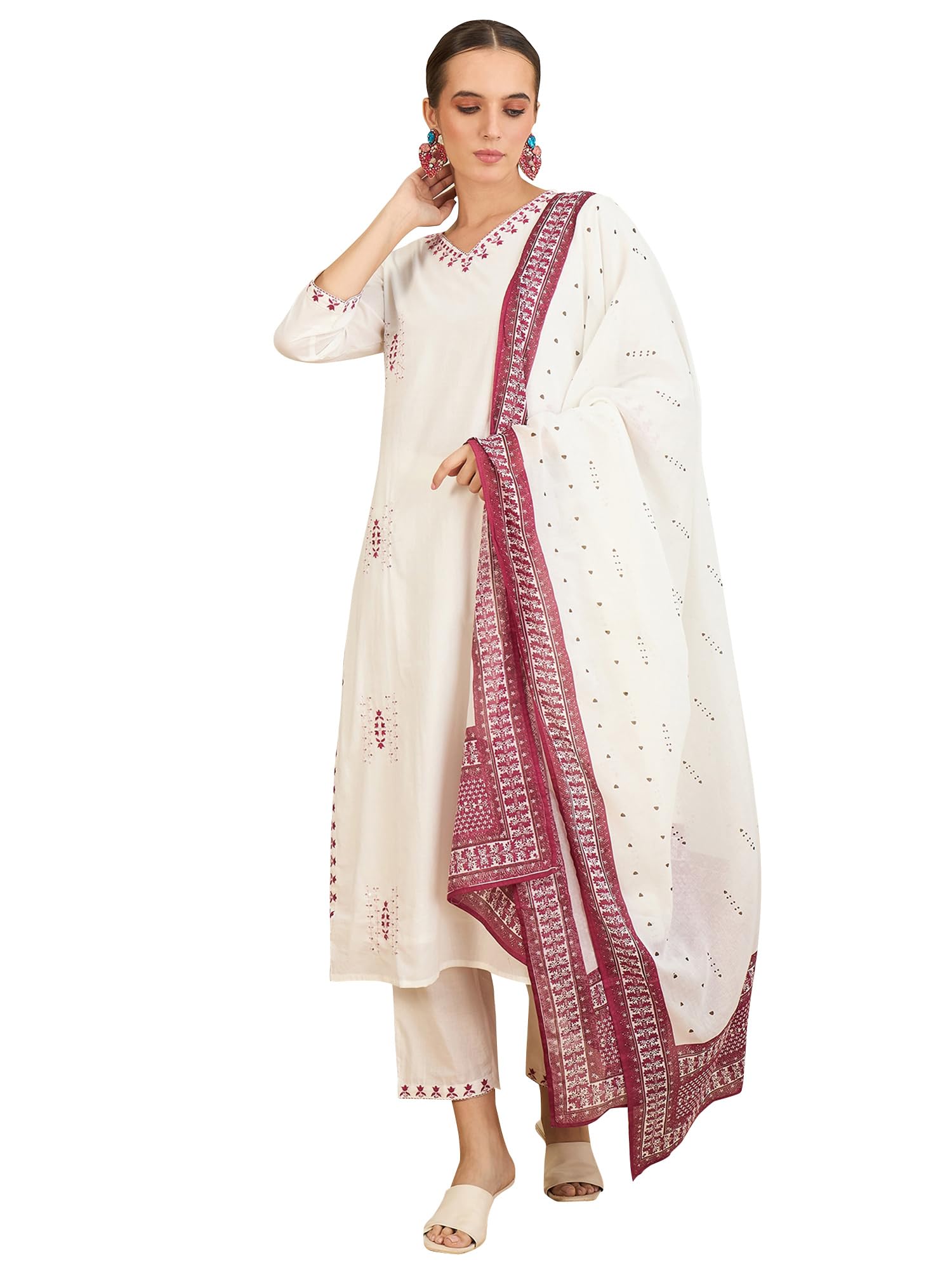 indo era Women's Pure Cotton Embroidered Calf Length Straight Kurta & Pant With Dupatta Set (KH0WH6159)-picture-24