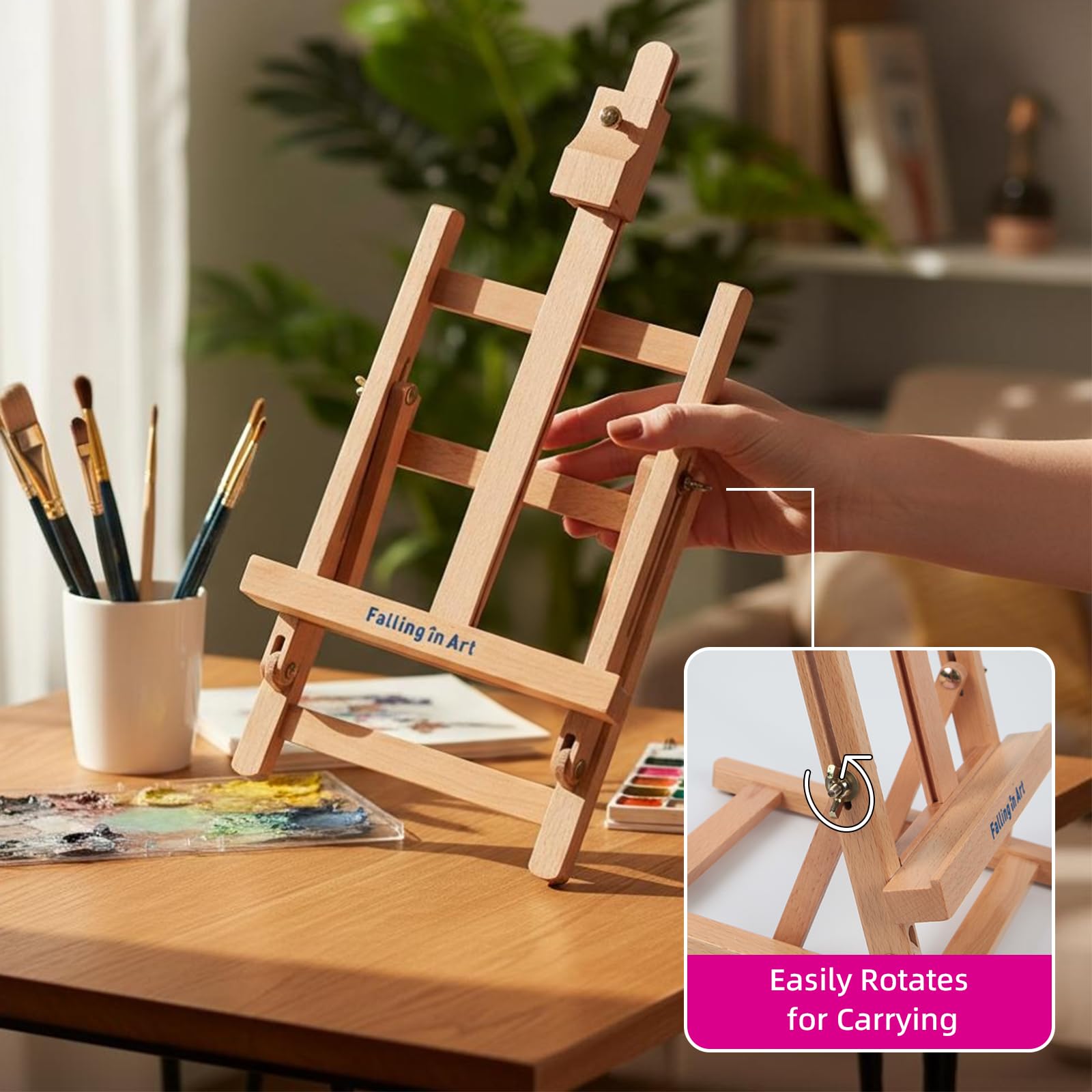 Falling in Art Juego de caballete de mesa, kit de pintura de caballete de madera portátil para niños, caballete para pintar lienzos, incluye pinturas acrílicas de 12 colores, 10 pinceles y 4 paneles