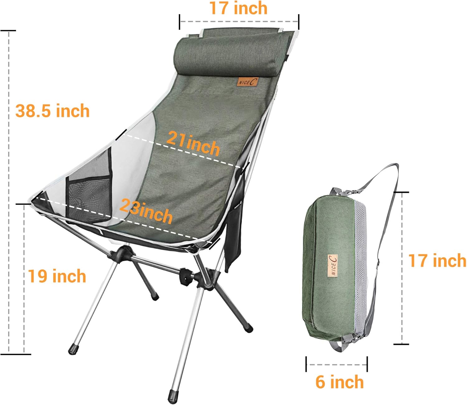 NiceC Ultralight High Back Folding Camping Chair, Upgrade with Removable Pillow, Side Pocket & Carry Bag, Compact & Heavy Duty for Outdoor, Camping (Set of 1 Green): Kitchen & Dining