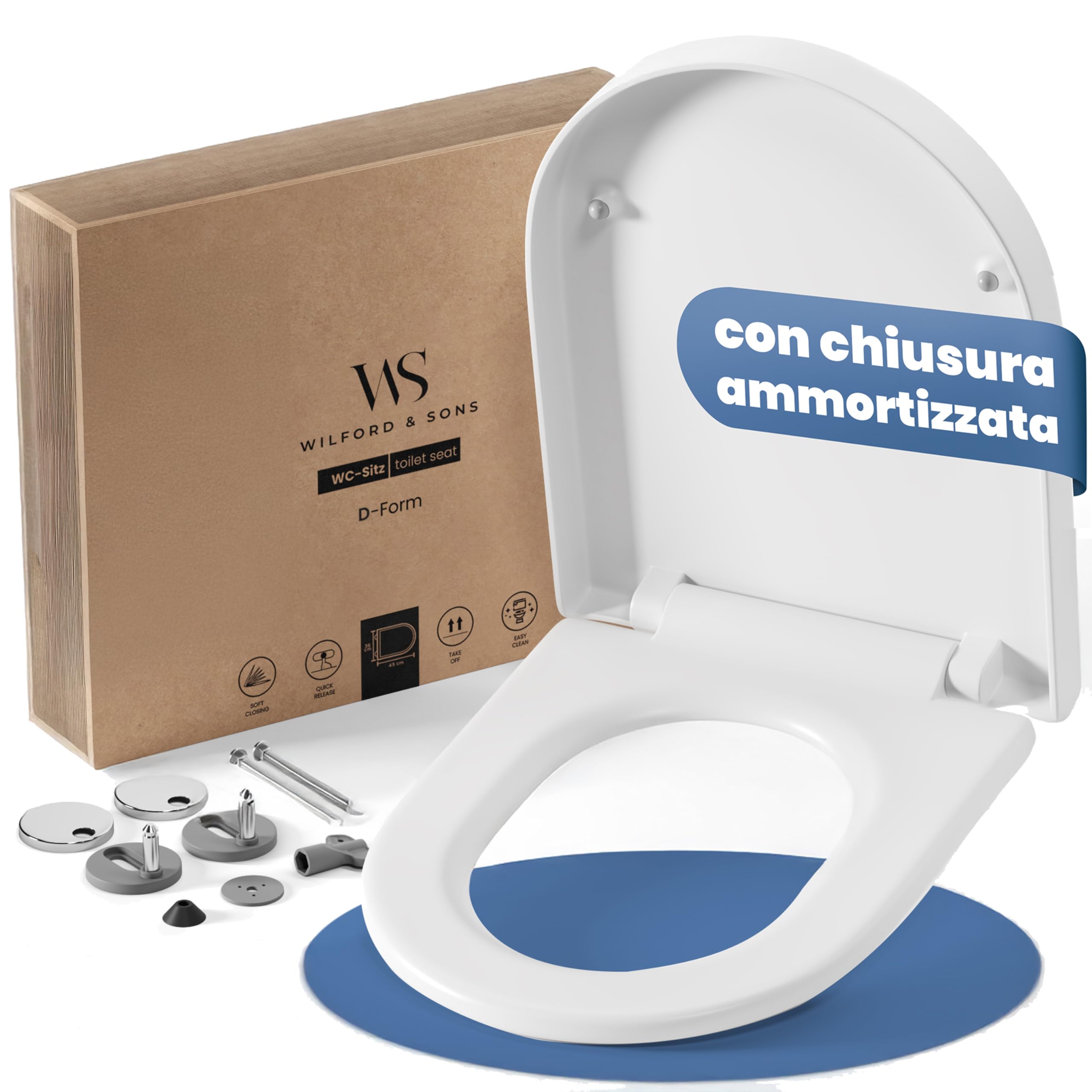 Wilford & Sons PREMIUM Coperchio del WC - Sedile WC con Chiusura Ammortizzata - Copriwater D-Form Bianco - Sedile del water di alta qualità - Sedile WC removibile - Sedile per toilette in Duroplast