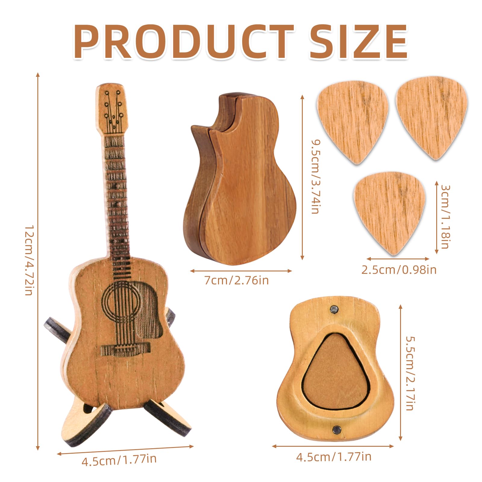 NAESM Wooden Guitar Pick Box with Stand, 6 Pcs Unique Guitar Picks, Musician Engraved Wooden Plectrum Case - Image 2