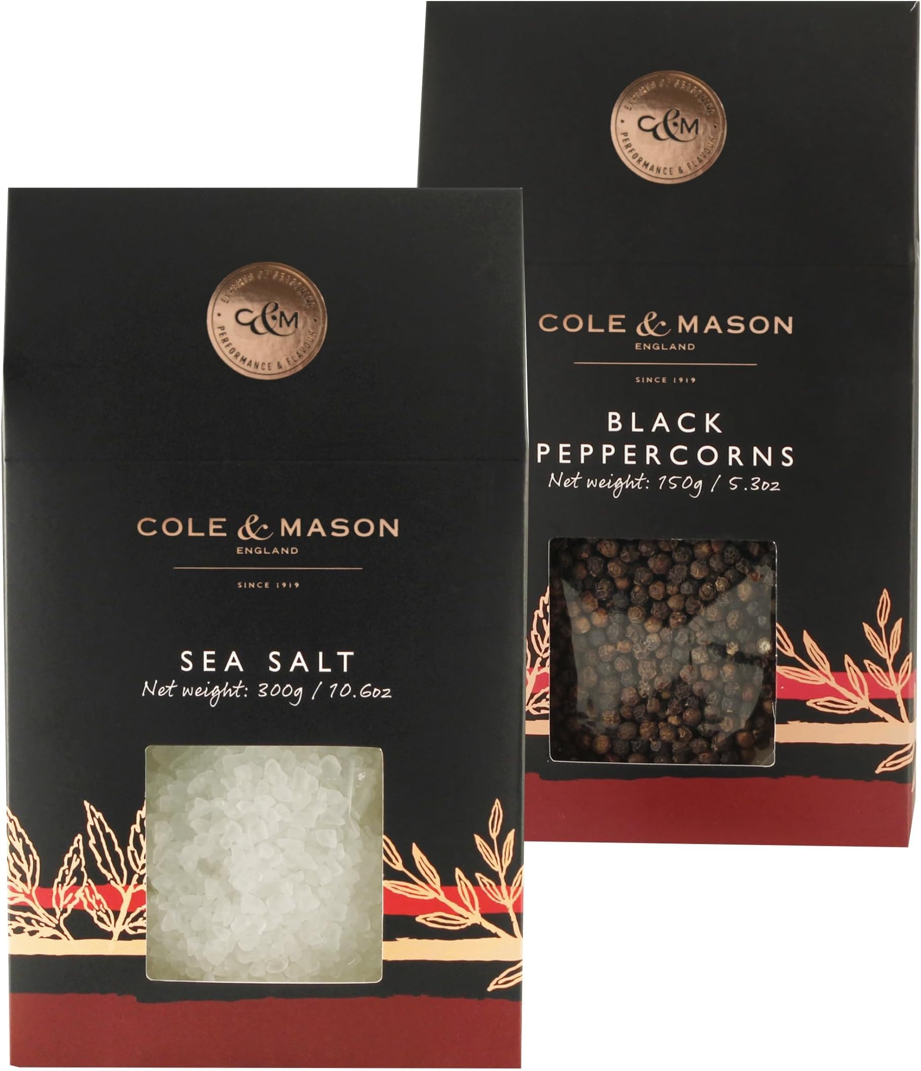Cole & Mason Gourmet Spice Refill Box - Pairs Well with Chicken, Beef, Pork & More - Peppercorn Refill for Salt & Pepper Mill Grinder - Sea Salt & Black Pepper 15.9 Oz Box Set