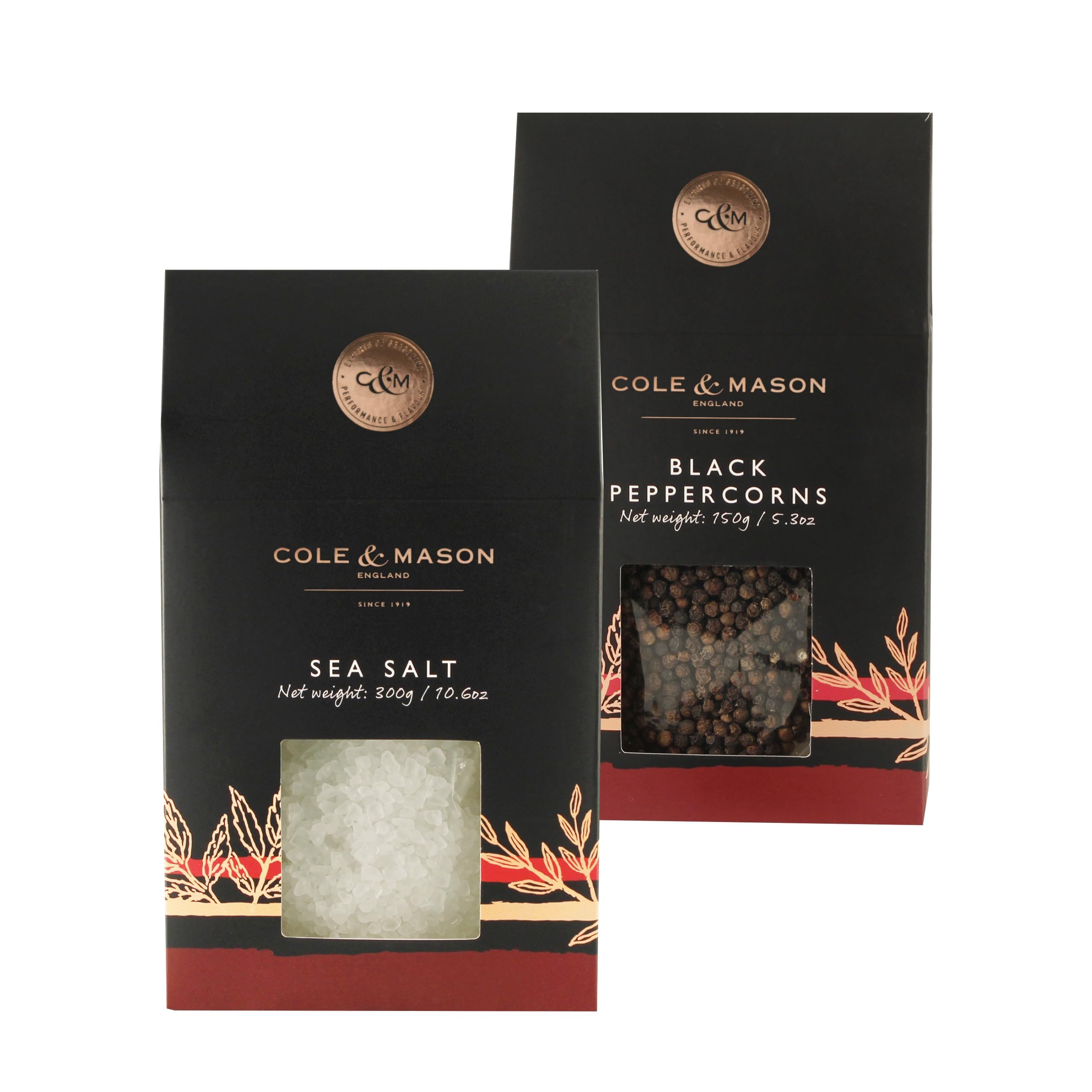 Cole & Mason Gourmet Spice Refill Box - Pairs Well with Chicken, Beef, Pork & More - Peppercorn Refill for Salt & Pepper Mill Grinder - Sea Salt & Black Pepper 15.9 Oz Box Set