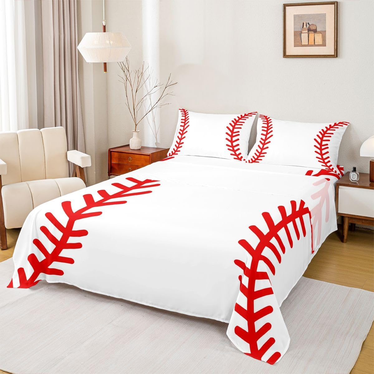 Feelyou Baseball Bed Sheet for Kids Boys Teens Orange Baseball Printed Sheet Set Sports Baseball Bedding Set 1 Fitted Sheet & 1 Flat Sheet & 2 Pillowcases