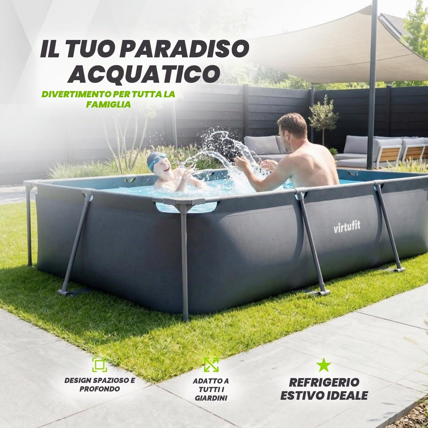 VirtuFit Piscina (nero, 300 x 210 x 66 cm (INKL. Filterpumpe), Rettangolare)