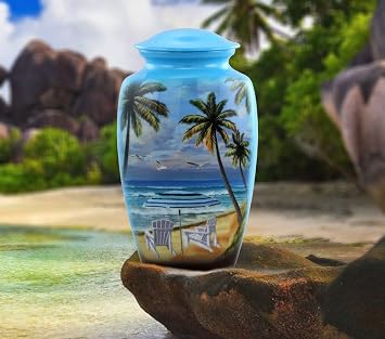 Paradise Beach 骨壷 - フルサイズ ビーチ火葬骨壺 - 大人用ヤシの木の骨壷 - オーシャンブルー 葬儀と記念骨壺 人間の遺灰用 最大200ポンド ベルベットバッグ付き Lサイズ