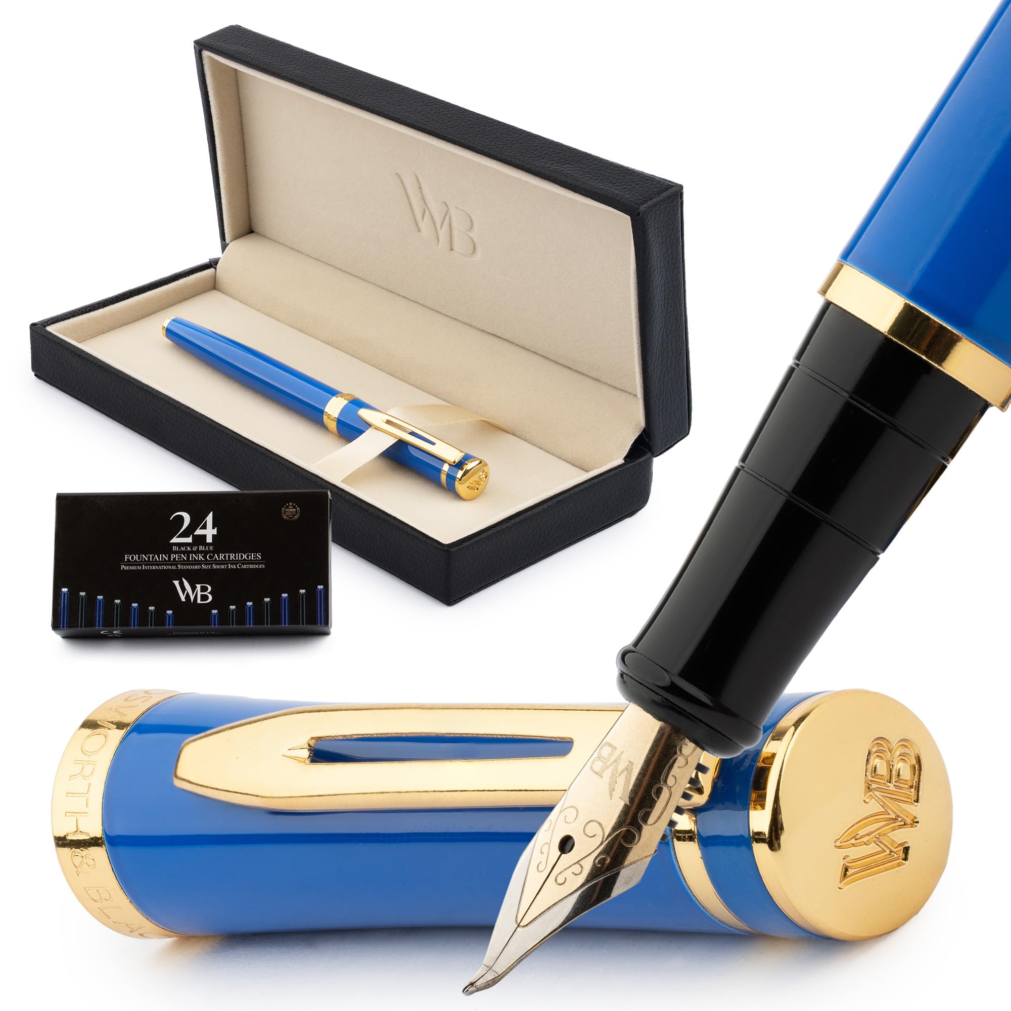 Wordsworth & Black Fountain Pen Set, Bent Nib, with 24 Ink Cartridges, Ink Refill Converter & Gift Box, for Calligraphy, [Imperial Blue], Ideal for Men & Women : Office Products