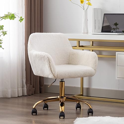 Goujxcy Silla de escritorio moderna de piel sintética, elegante silla de oficina blanca peluda para mujeres y niñas, silla giratoria de altura