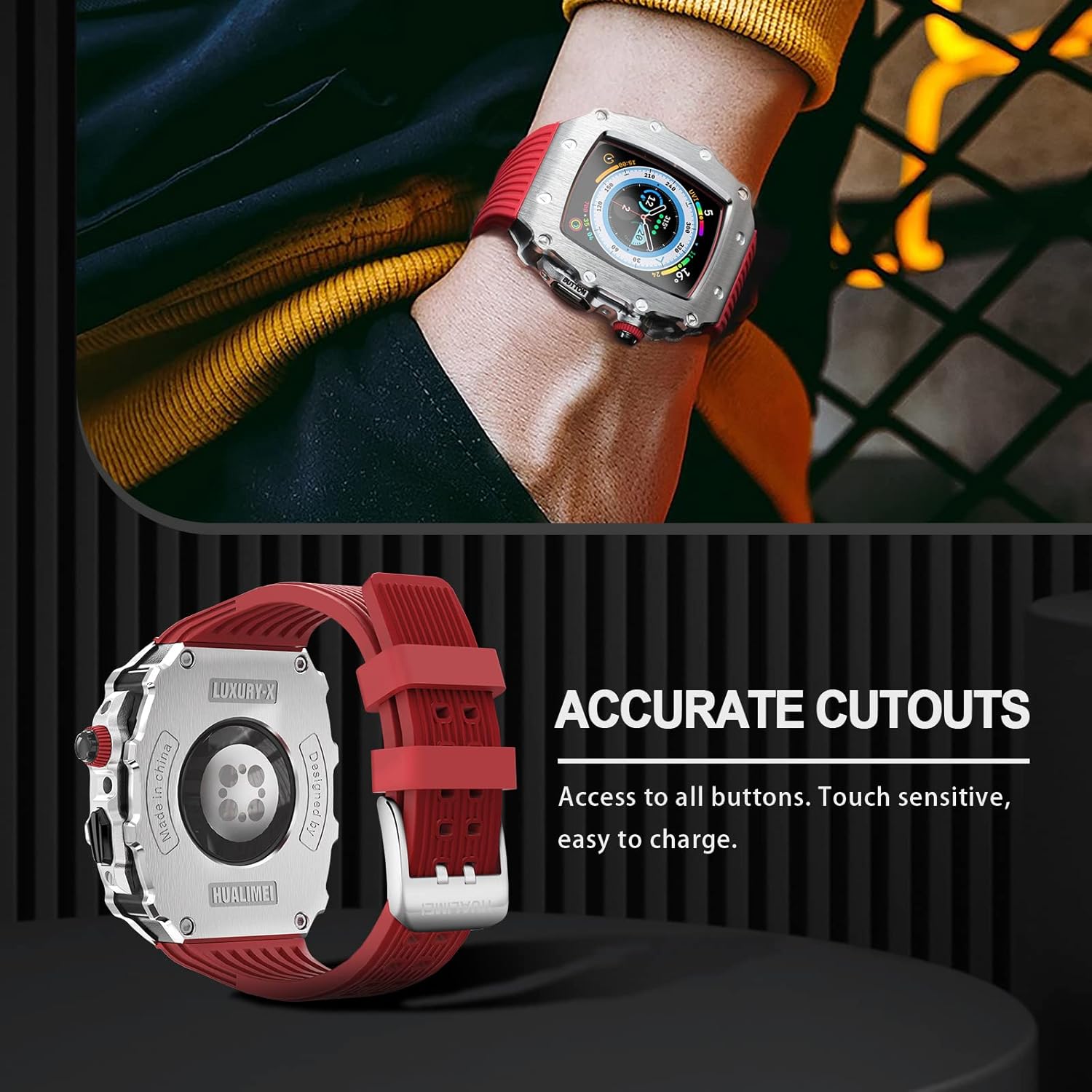 Luxury Case with Band for Apple Watch 9 8/7 45mm SE2/6/5/4/SE 44mm, Bumper Metal Protective Cover for iWatch 45mm 44mm Strap + Screen Protector + Rugged Scratch Resistant Case (45mm/44mm, Silver/Red) - Image 3