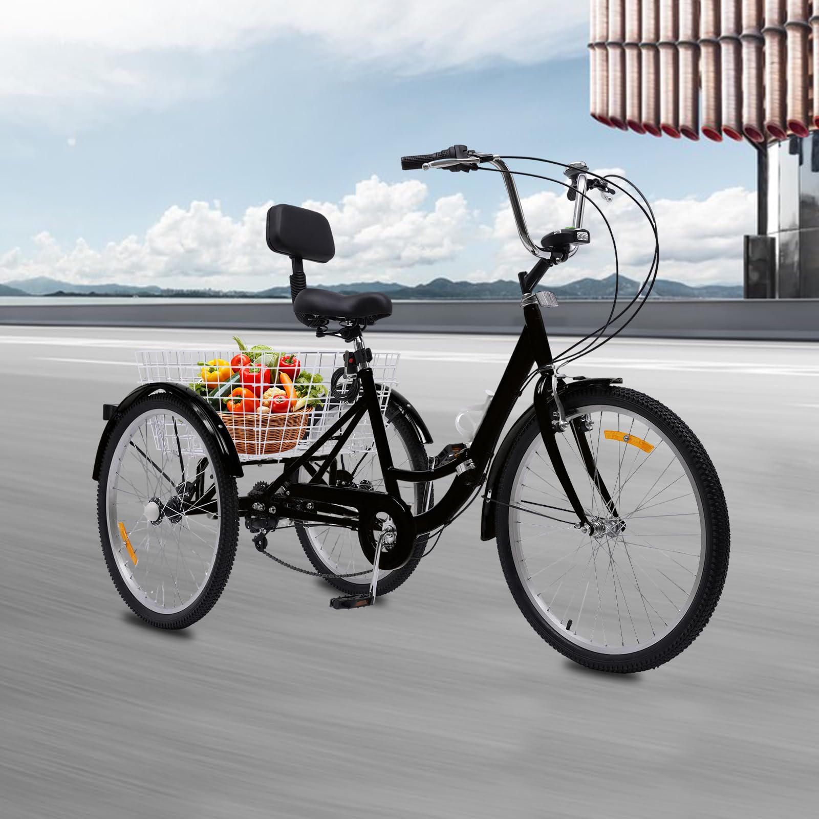 Bicicleta robusta de 24 pulgadas, triciclo de acero al carbono, plegable, para uso diario, 120 kg, 7 marchas, triciclo con sillín de suspensión