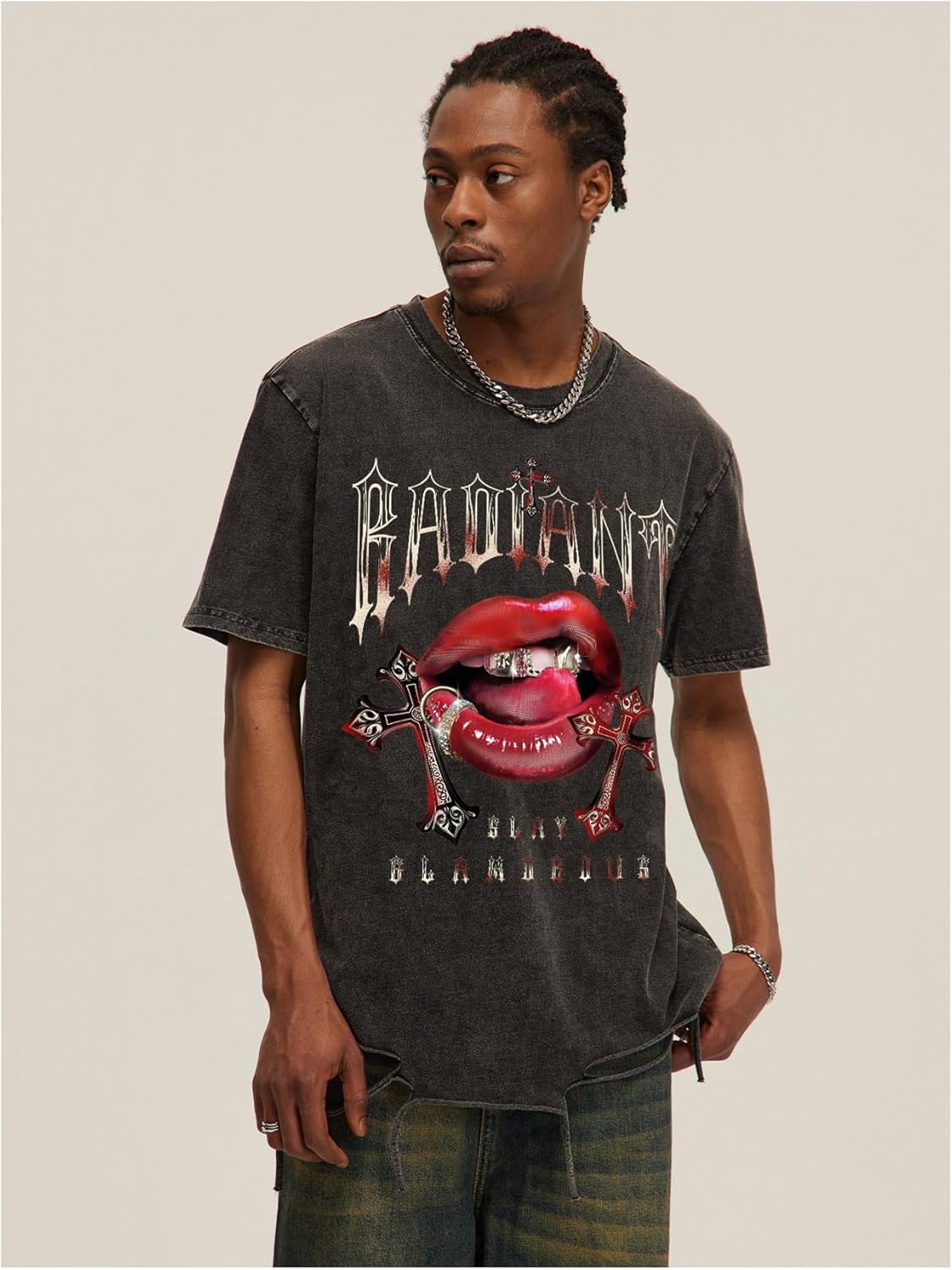 Verdusa Men's Graphic Tees Hip Hop Lip Goth Ripped Short Sleeve T-Shirts Vintage Grunge Tops Streetwear - Image 2