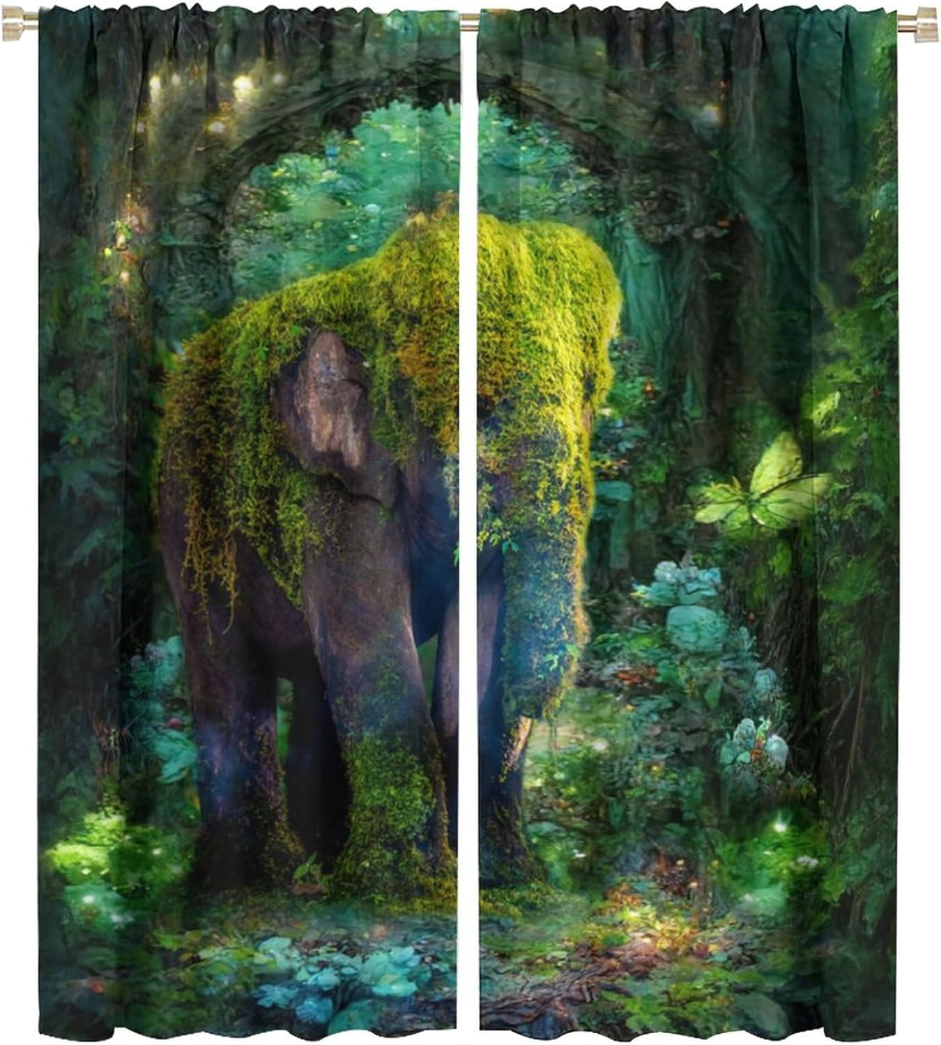 Funny Forest Wildlife Elephant Curtains for Living Room, Fantasy Cartoon African Animal Elephant Tropical Plant Tree Green Leav Rod Pocket Thermal Insulated,Window Curtains 2 Panels 54"L x 21"W