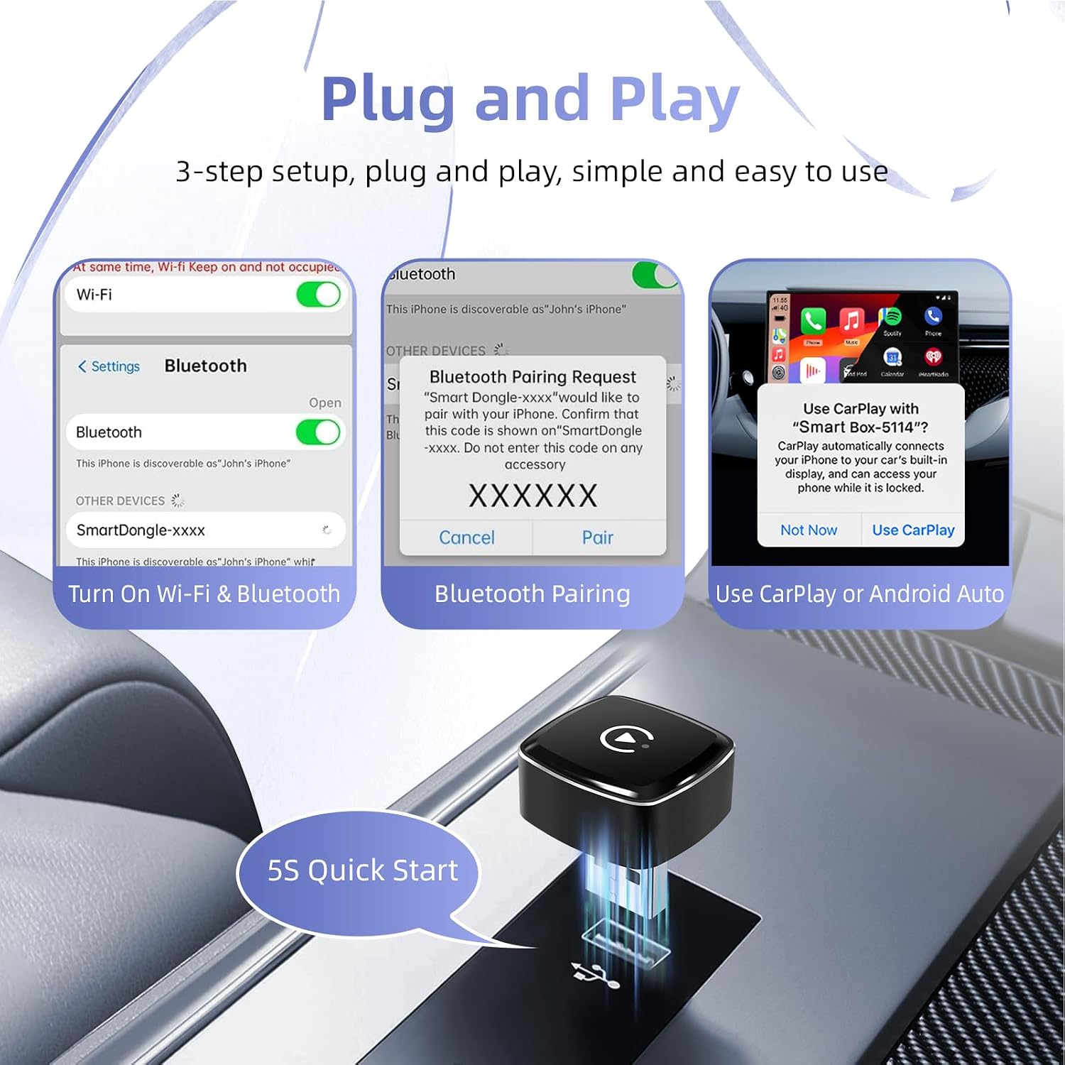 Wireless CarPlay Adapter for iPhone, 2 in 1 Android Auto Wireless Adapter | with CarPlay＆Android, Plug and Play, Fast and Stable Connection