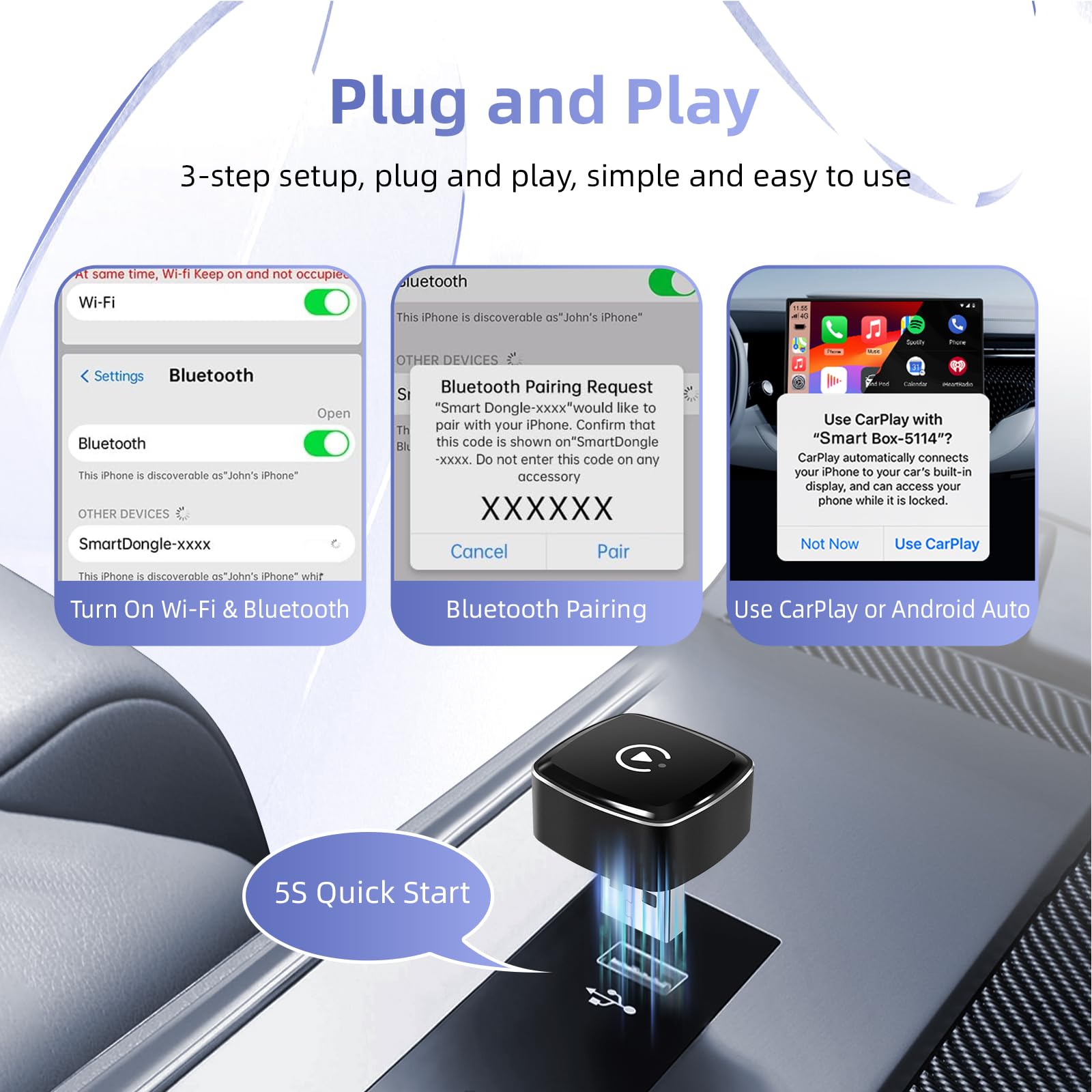 EZoneTronics 2-in-1 Adattatore CarPlay Wireless, Android Auto Wireless, USB/Type-C senza fili, Plug & Play, Connessione Veloce e Stabile senza Ritardi, Compatibile con iOS 10+ e Android 11+