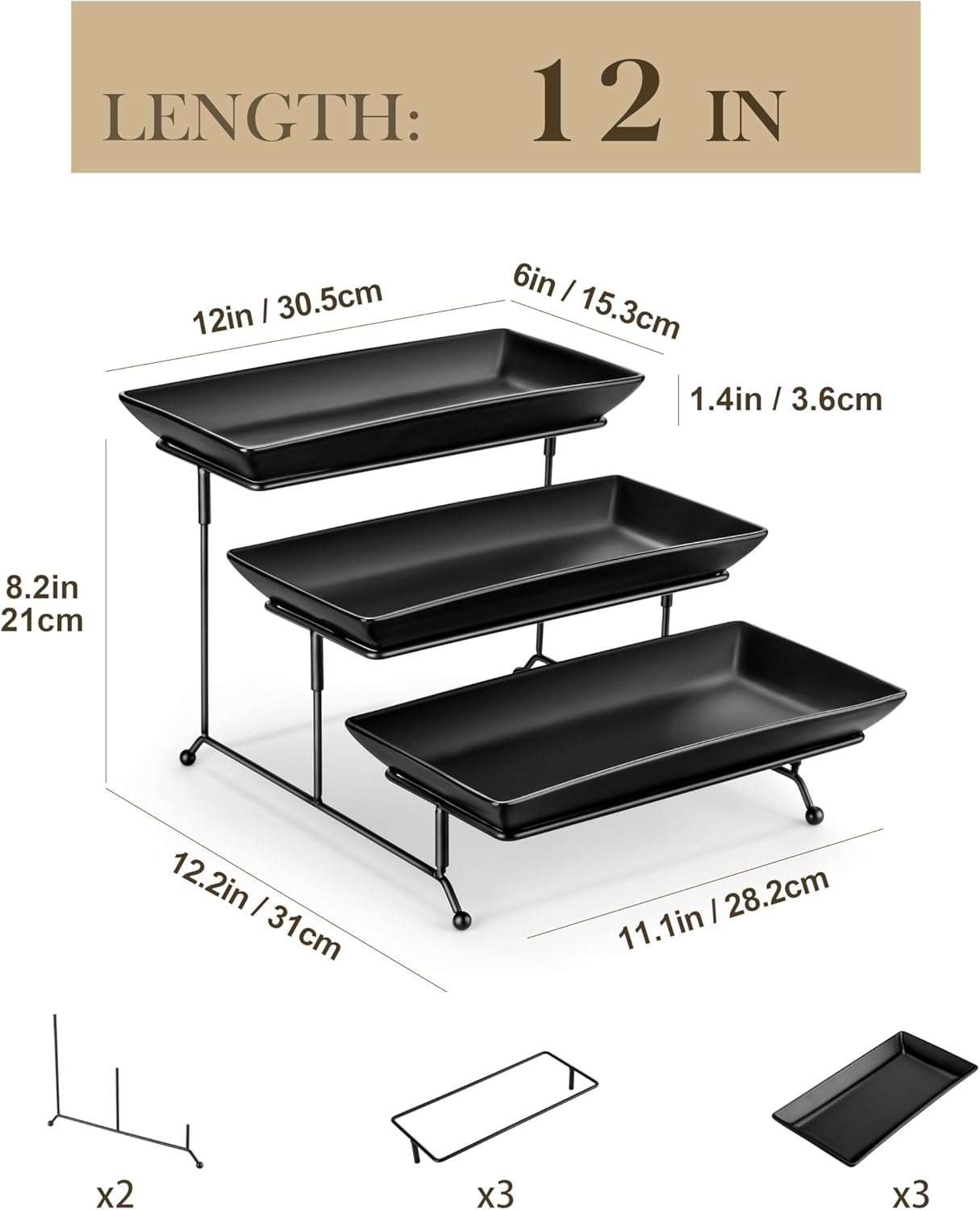 MALACASA 3 Tier Serving Tray, Porcelain Tiered Serving Trays Platters, 12 Inch Serving Stand with Platters,Black Dessert Stand with Collapsible Sturdier Metal Rack,Series PLAT Black 12 Inch