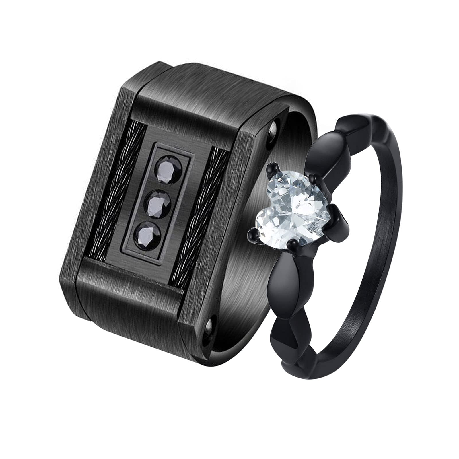 AmDxD Anillo de acero inoxidable para parejas, diseño de corazón, color blanco y negro, W66.5 & M54, Acero inoxidable, circonita cúbica,