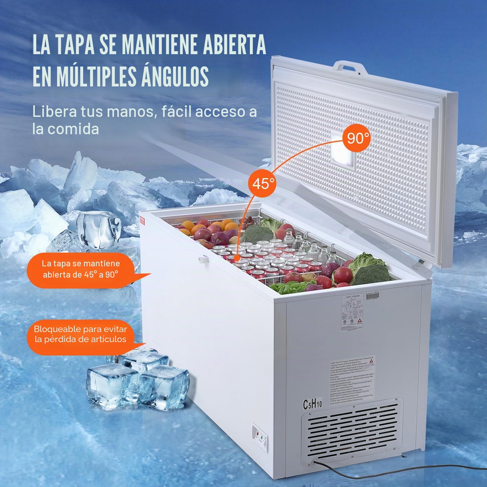 VEVOR Congelador Horizontal Grande de 488 L y 4 Cestas Extraíbles Independientes con Puerta Abierta Superior con Tapa de Bloqueo Temperatura Ajustable de 7 Niveles Iluminaciones LED 6 Ruedas