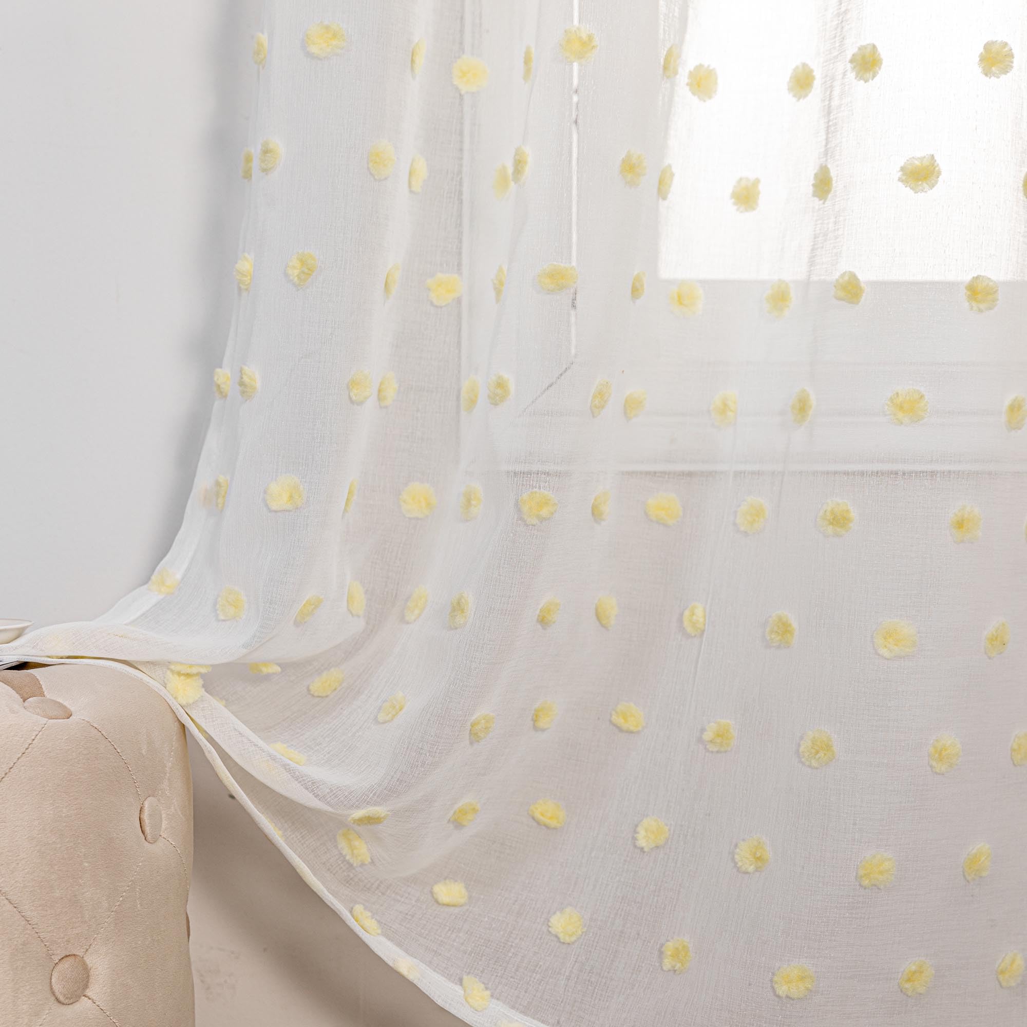 MYSKY HOME Curtains, Semi-Transparent, Yellow, Polka Dot, H 175 x W 140 cm, Set of 2, Nursery, W 55.1" x L 68.9" (2 Panels) - Image 4