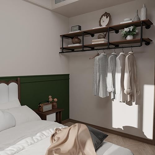 Vista 24 de Perchero industrial de tubería con estante superior, estante de ropa montado en la pared que ahorra espacio de 2 niveles, estante con barra