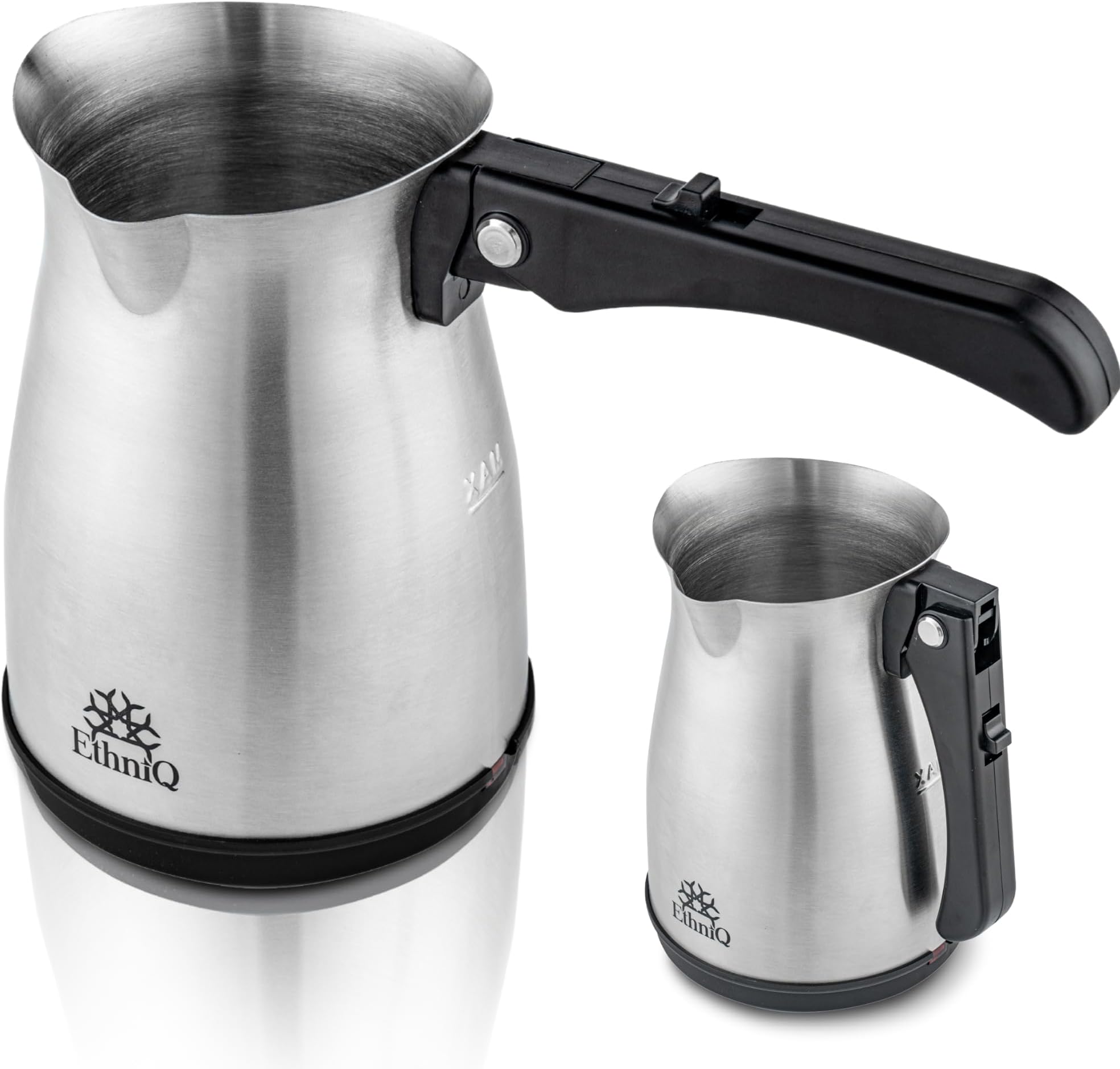 ETHNIQ Turkish Coffee Pot - Stainless Steel, 120V, 1 to 4 Cup Capacity, Fast Brewing, Delicious Cup of Turkish, Arabic & Greek Coffee Maker with Foldable Handle for Home & Travel & on-off Button