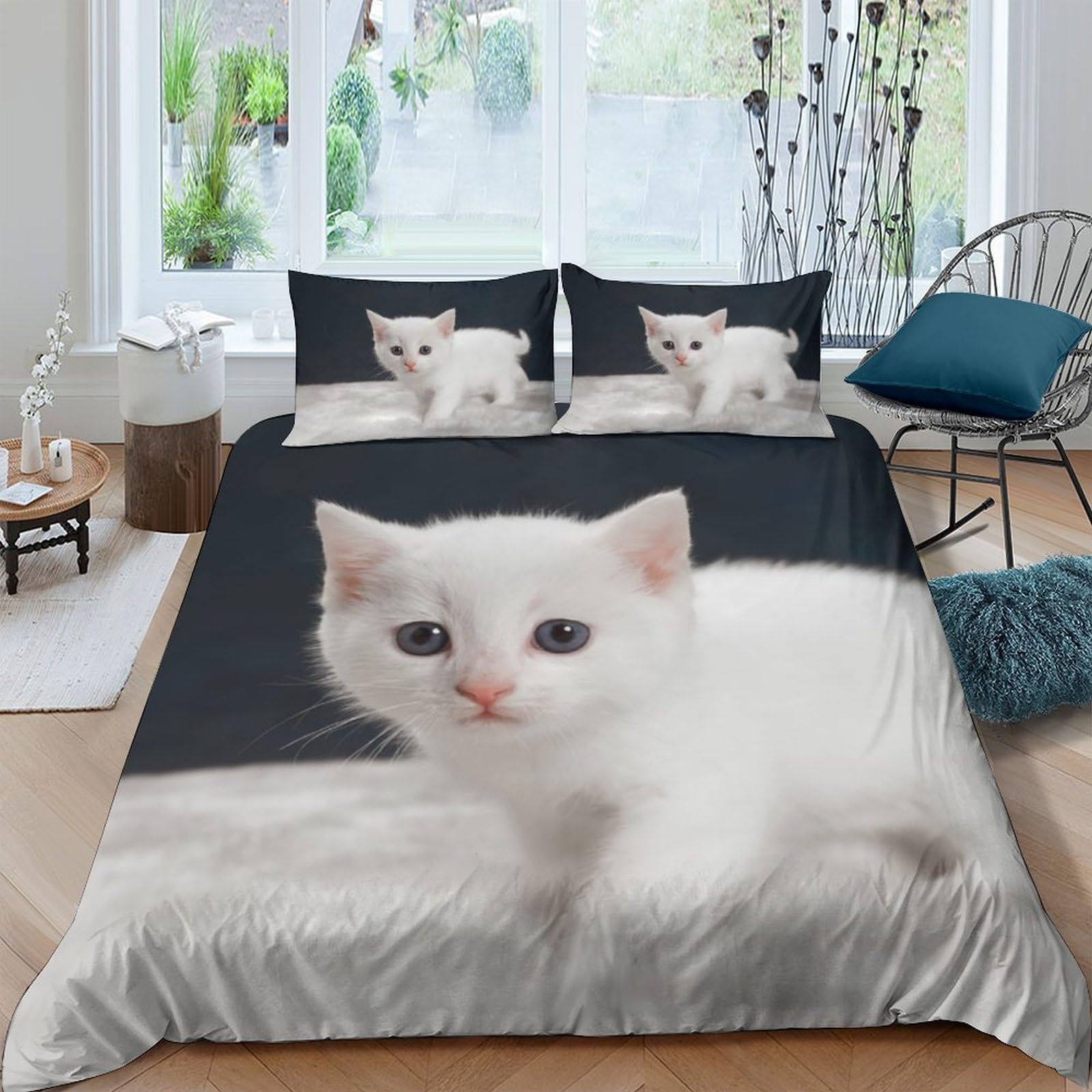 Ctjqhvkz Style-2 3D Printed White Kitten Fitted Sheet Microfiber Soft Anti-Slip Cute Cat Bed Cover For Bedroom Guest Room Easy Care Decor Single（135X200cm）