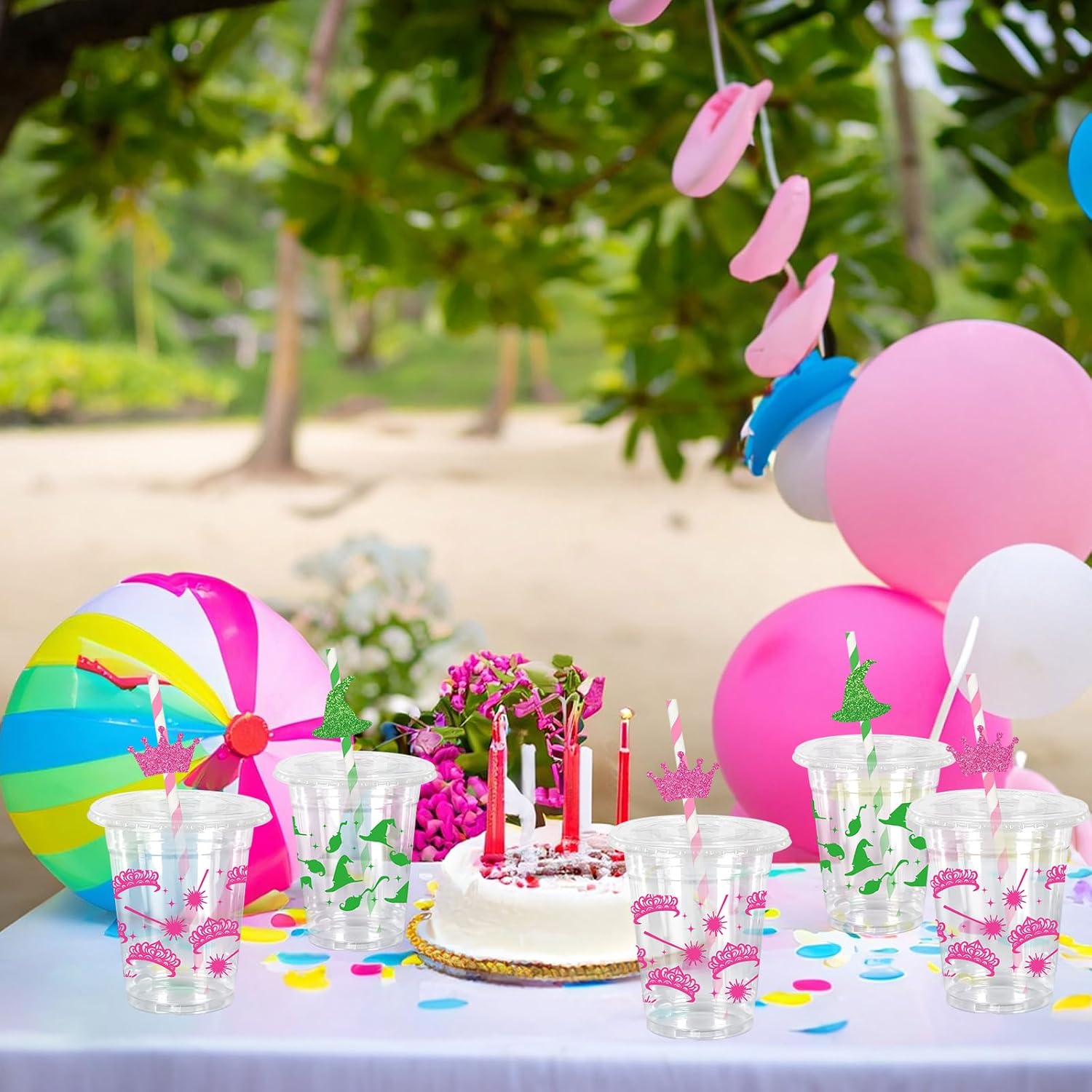 50Pcs 12Oz Magical Wizard Plastic Cups with Lids & Straws Green Witch Hat Pink Crown Disposable Clear Drinking Cups for Halloween Birthday Baby Shower Party Supplies - Image 5