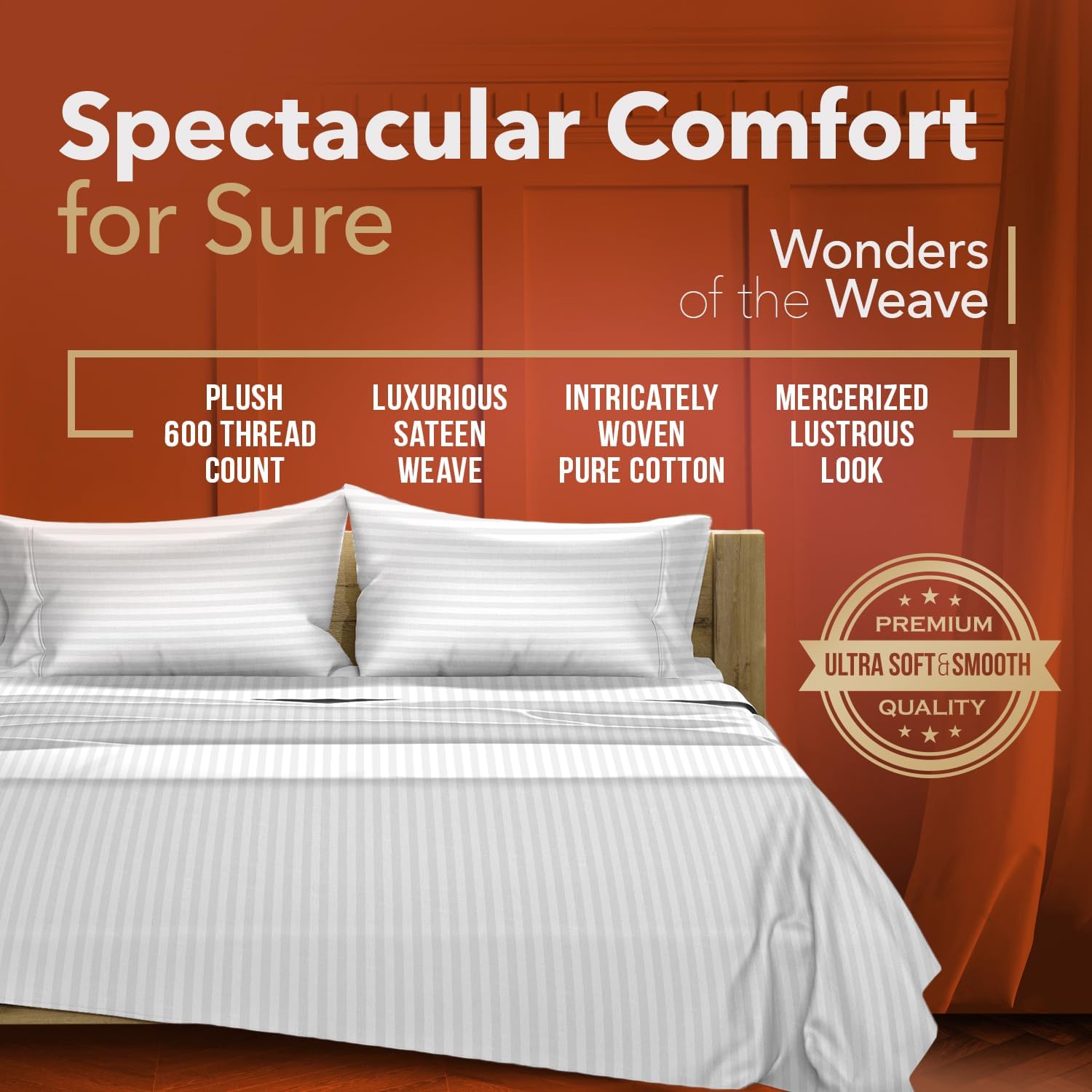 TEXAS LINEN CO. 100% Egyptian Cotton Pillow Cases Set of 2, 600 Thread Count White Stripe King Pillowcase for Sleeping, Soft, Silky Sateen Weave Bed Pillow Cover, Long Staple Cotton Pillowcases - Image 3